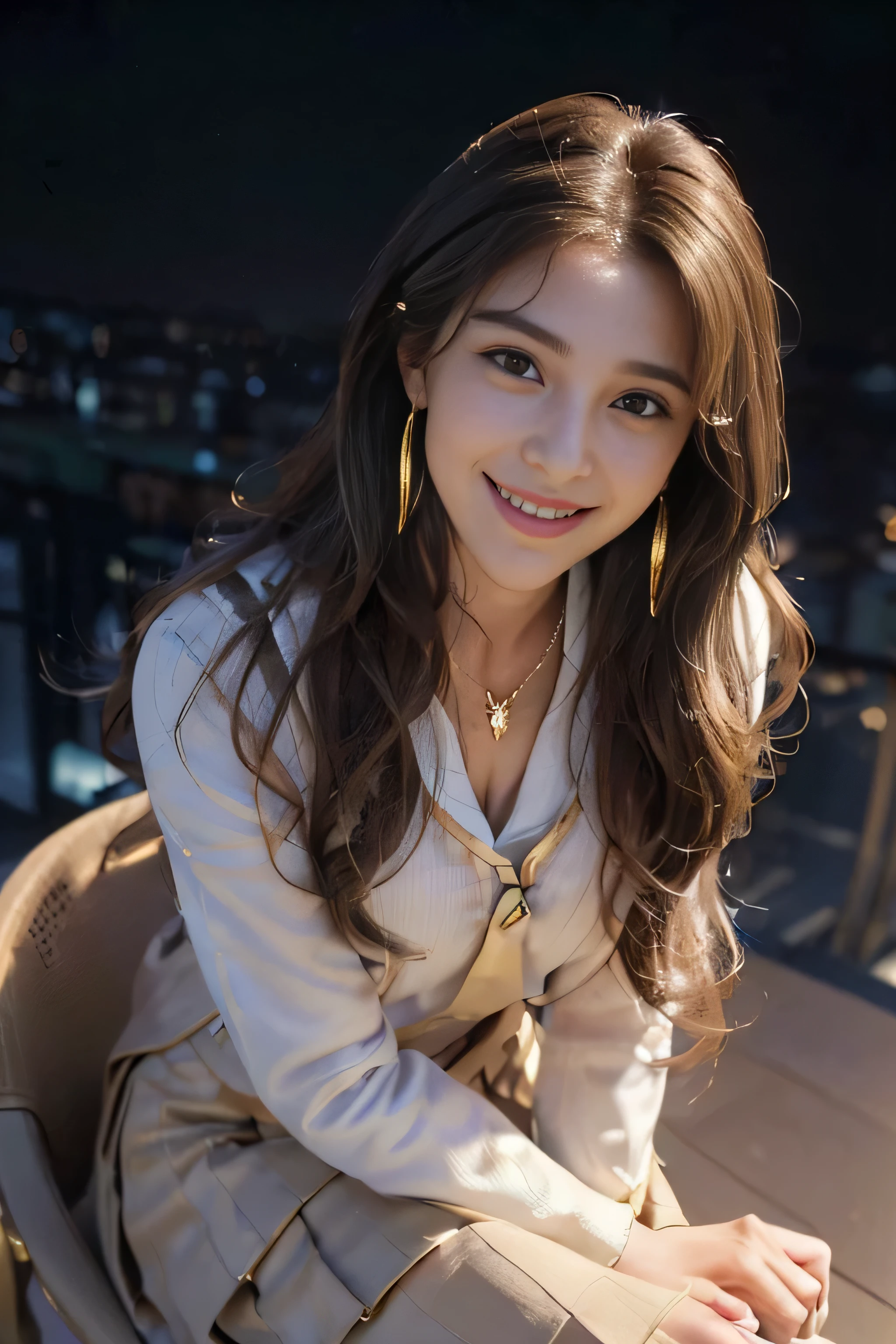 ((beautiful girl:1.3)) ((school uniform:1.5)) (((smile:1.2)) ((medium chest:1.2)) ((close:1.3)) highest quality,masterpiece,ultra high resolution,(realistic:1.4),Raw photo,(real skin texture:1.3),(film grain:1.3),panorama,character portrait,very wide shot,tight waist,cowboy shot,(in the dark, deep shadow, discreet key, cold light,) night,(()),flowing tears,,dust,Tyndall effect,(Performance),,Beautifully detailed eyes and face,white jabot,brown eyes,((brown hair:1.2)) ((full body:1.3))((gold necklace_Large earrings:1.2)),((Long brown hair:1.2))((Hair with loose waves inside:1.2))((sitting on a chair, night view terrace background:1.3)),((shy smile:1.3))((From an oblique angle above:1.5)),