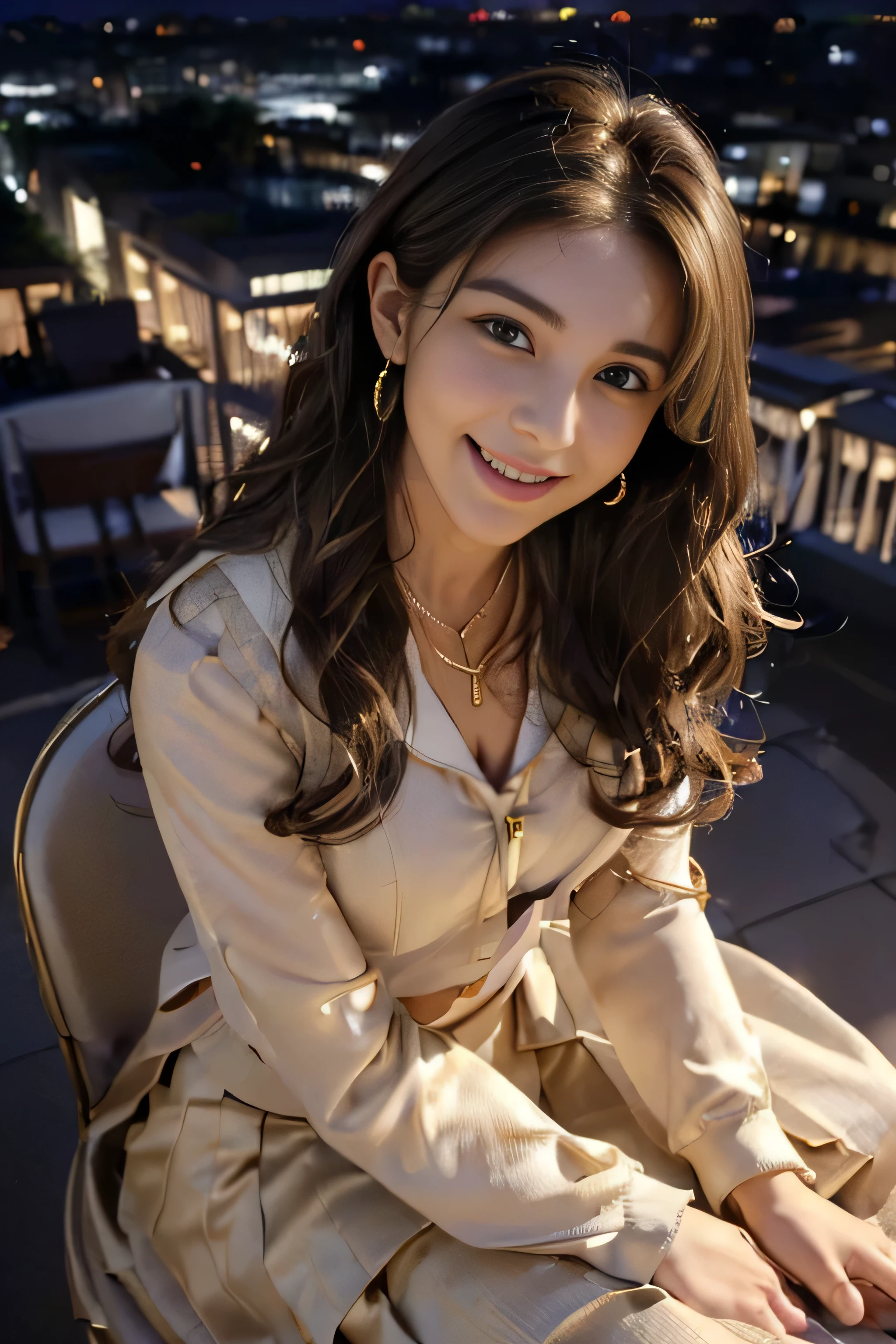 ((beautiful girl:1.3)) ((school uniform:1.5)) (((smile:1.2)) ((medium chest:1.2)) ((close:1.3)) highest quality,masterpiece,ultra high resolution,(realistic:1.4),Raw photo,(real skin texture:1.3),(film grain:1.3),panorama,character portrait,very wide shot,tight waist,cowboy shot,(in the dark, deep shadow, discreet key, cold light,) night,(()),flowing tears,,dust,Tyndall effect,(Performance),,Beautifully detailed eyes and face,white jabot,brown eyes,((brown hair:1.2)) ((full body:1.3))((gold necklace_Large earrings:1.2)),((Long brown hair:1.2))((Hair with loose waves inside:1.2))((sitting on a chair, night view terrace background:1.3)),((shy smile:1.3))((From an oblique angle above:1.5)),
