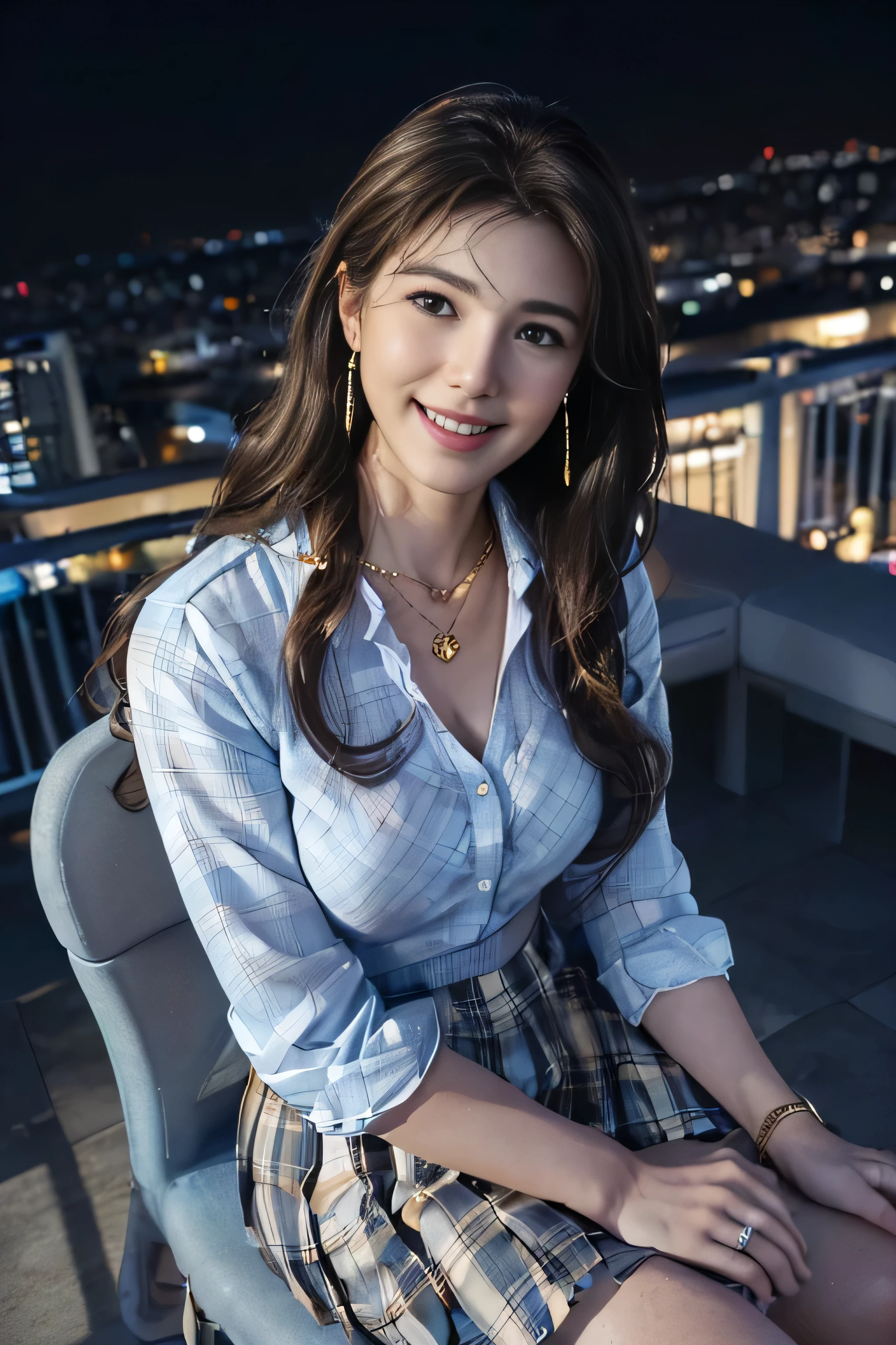 ((beautiful girl:1.3)) ((White collar shirt、Light blue plaid pleated skirt:1.4)) (((smile:1.2)) ((medium chest:1.2)) ((close:1.3)) highest quality,masterpiece,ultra high resolution,(realistic:1.4),Raw photo,(real skin texture:1.3),(film grain:1.3),panorama,character portrait,very wide shot,tight waist,cowboy shot,(in the dark, deep shadow, discreet key, cold light,) night,(()),flowing tears,,dust,Tyndall effect,(Performance),,Beautifully detailed eyes and face,white jabot,brown eyes,((brown hair:1.2)) ((full body:1.3))((gold necklace_Large earrings:1.2)),((Long brown hair:1.2))((Hair with loose waves inside:1.2))((sitting on a chair, night view terrace background:1.3)),((shy smile:1.3))((From an oblique angle above:1.5)),