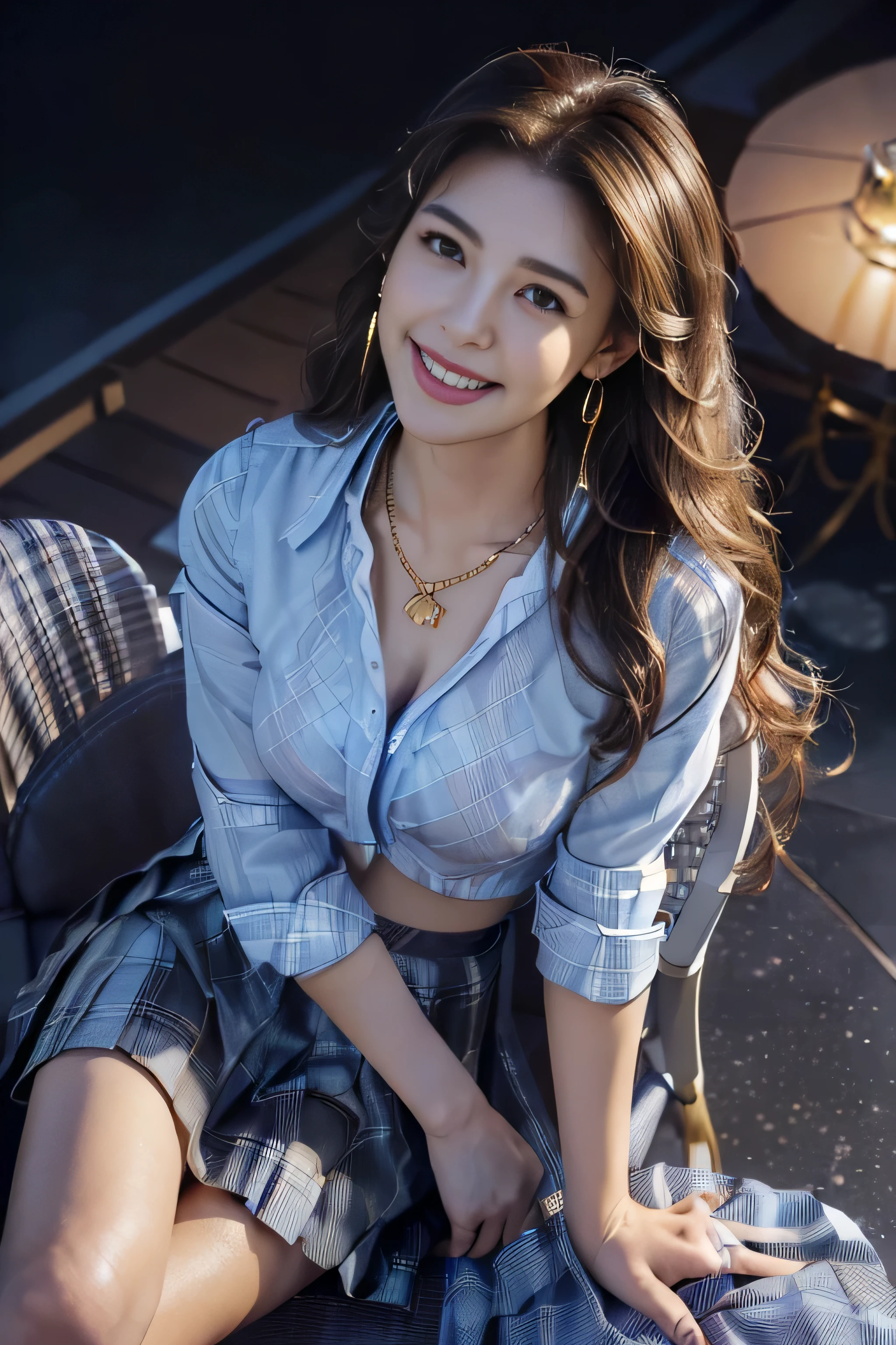((Beautiful girl:1.3)) Highest quality,masterpiece,Ultra-high resolution,(Realistic:1.4),RAW Photos,(Real skin texture:1.3),(Film Grain:1.3),Panorama,Portraits,Very wide shot,Tight waist,Cowboy Shot,(In the Dark, Deep Shadow, Modest, Cold Light,) night,(()),Tears flow,,Dust,Tyndall effect,(Performance),One person,Beautiful and detailed eyes and face,White Jabot,Brown eyes,((Brown Hair:1.2)) ((whole body:1.3)) ((smile:1.3))((Super long brown hair:1.2)),((Hair with loose waves inside:1.2)),((gold necklace＿Large earrings:1.2)),((shy smile:1.3)),((mideum breasts:1.3)),((wearing navy mini dress＿bottan up mini dress_long sleeves_with white collar_with white cuffs:1.3)),((full body portrait:1.4)),((Sits on a bar chair In a crowded café at dusk:1.3))((Place your left hand gently on your chin，right hand holding chest:1.3)),((Sitting elegantly with crossed legs:1.5))((chest thrusting pose, chest bragging pose:1.4)),