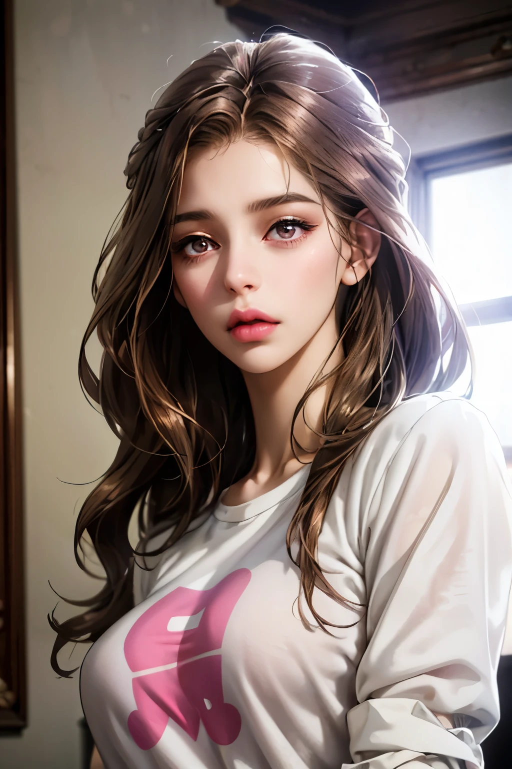 Girl, long light brown hair, gray eyes, cold features, white skin, pink lips, T-shirt sleeves