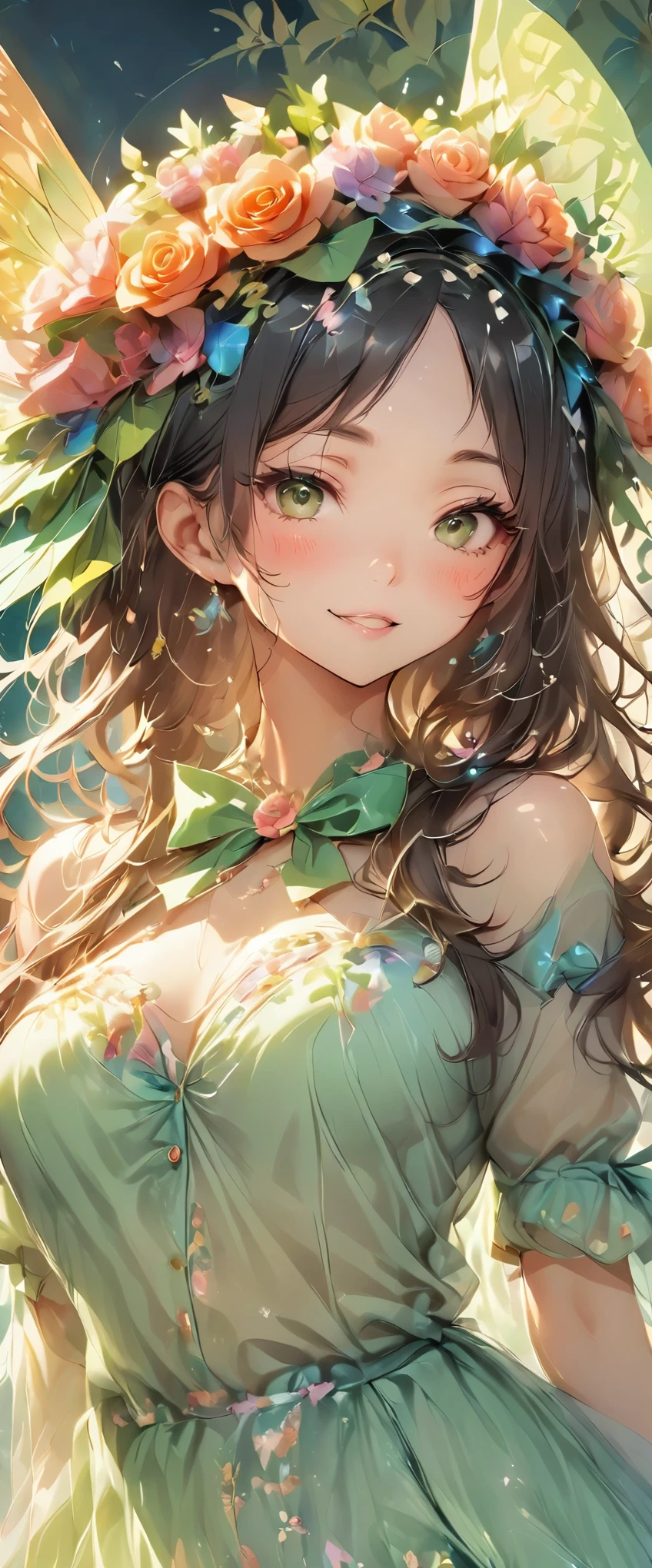 (highest quality, 4k, 8K, High resolution, masterpiece:1.2), Super detailed, high contrast, masterpiece:1.2, best quality, best aesthetics, Portrait, Ukrainian forest fairies, sweet, Bewitching, charm, Mature charm, giga_busty, blue eyes, smooth skin, 1 girl, pretty girl , Green sheer dress:1.2, spirit of the wind, Flowers flutter, By the spring, big breasts, cowboy shot, Super detailedな顔, fine eyes,