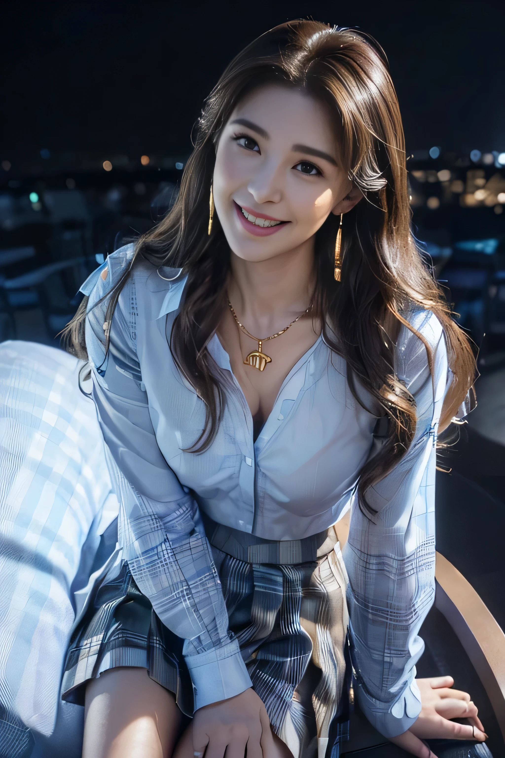 ((beautiful girl:1.3)) ((White collar shirt、Light blue plaid pleated skirt:1.4)) (((smile:1.2)) ((medium chest:1.2)) ((close:1.3)) highest quality,masterpiece,ultra high resolution,(realistic:1.4),Raw photo,(real skin texture:1.3),(film grain:1.3),panorama,character portrait,very wide shot,tight waist,cowboy shot,(in the dark, deep shadow, discreet key, cold light,) night,(()),flowing tears,,dust,Tyndall effect,(Performance),,Beautifully detailed eyes and face,white jabot,brown eyes,((brown hair:1.2)) ((full body:1.3))((gold necklace_Large earrings:1.2)),((Long brown hair:1.2))((Hair with loose waves inside:1.2))((sitting on a chair, night view terrace background:1.3)),((shy smile:1.3))((From an oblique angle above:1.5)),