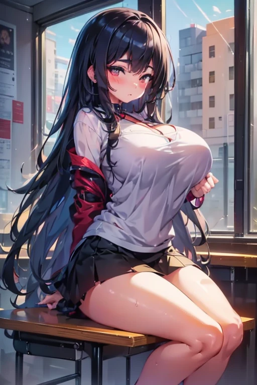 Italian girl, with very long black hair, 25 years old, hyper super gigantic and mammoth breasts, thin, has wet breasts, wears a torn tight blouse that does not contain the breasts and a pleated black miniskirt, and paired with a boy, inside a school classroom