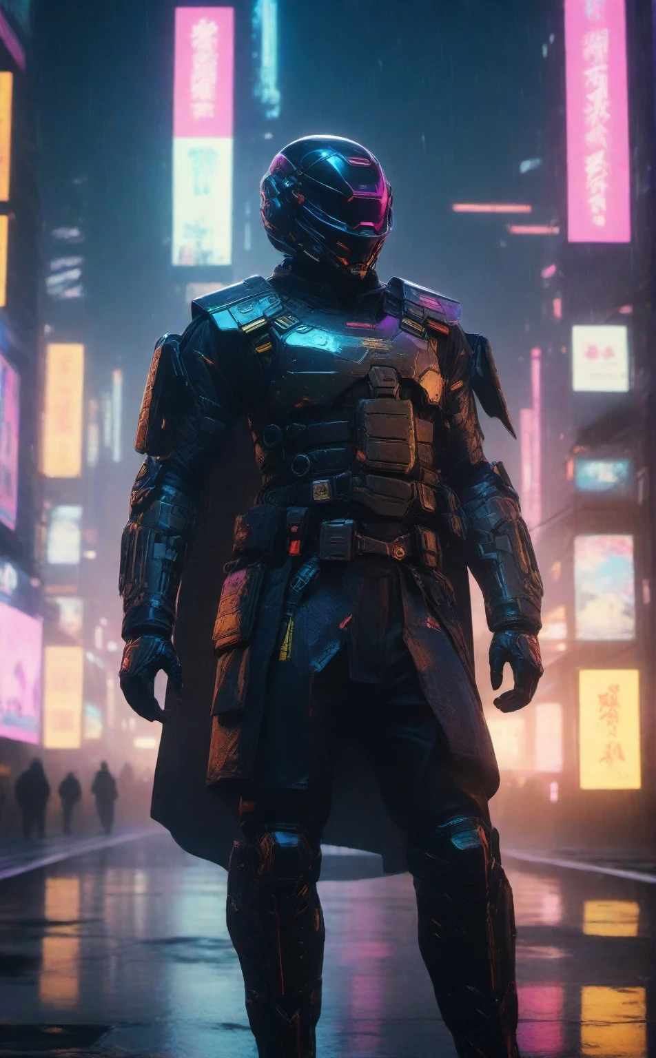 cinematic photo a man with a helmet with a tactical armour, Tactical vest with ammo pouches, A black cape behind him flowing in the wind, Utility belt, side view, full body,cyberpunk background . 35mm photograph, film, bokeh, professional, 4k, highly detailed high-res, masterpiece, best quality, futuristic outfit, Neon Samurai, Cyberpunk neon, the night, {{(tmasterpiece),(extremely detailed CG unified 8k wallpaperest quality at best,movie lighting,detailedbackground,