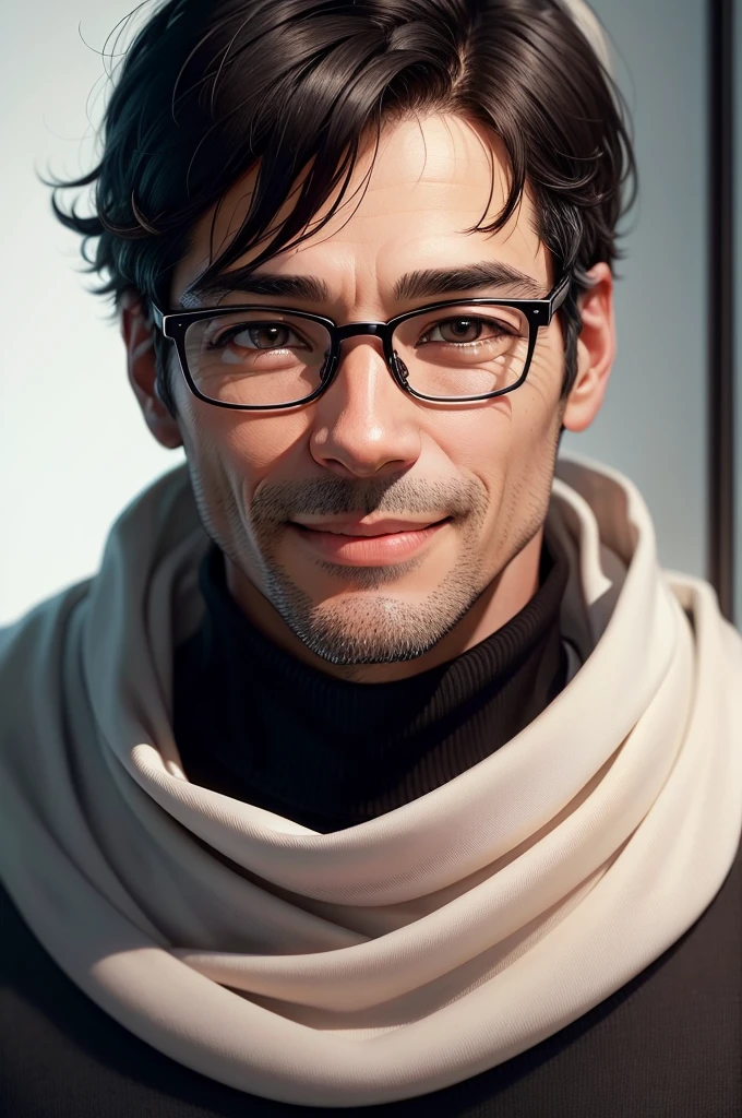 Portrait、adult male, 45 years old, dark brown eyes, with glasses, thin, no muscles, black hair, black turtleneck sweater, smile、laugh loudly、looking sideways、looking at viewer,realistic pictures、((Pure white light background))、short hair、two block