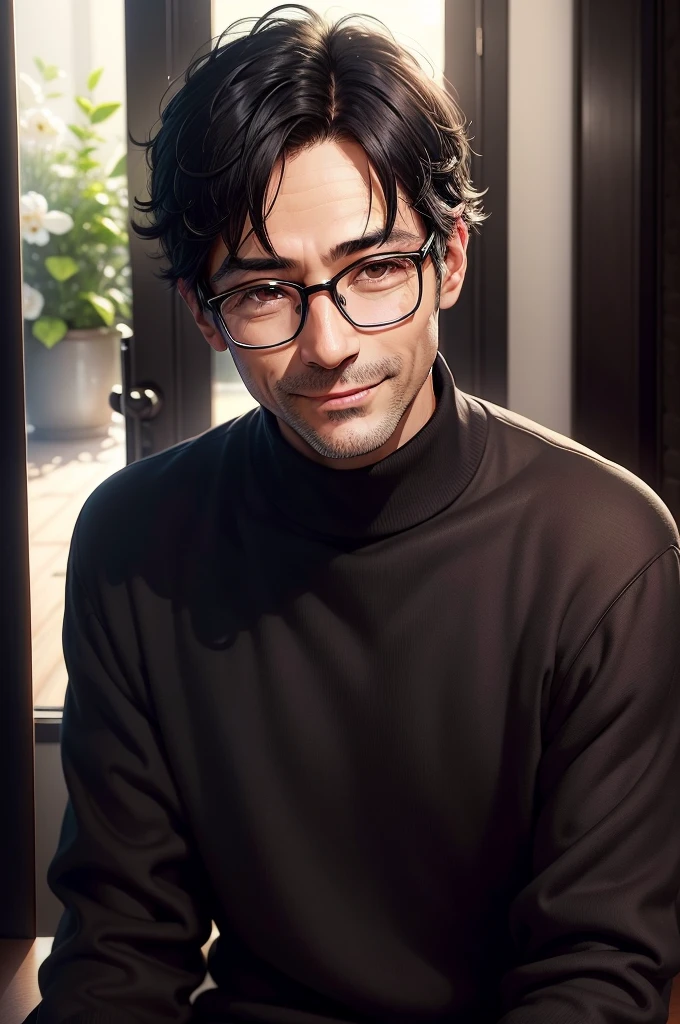 Portrait、adult male, 45 years old, dark brown eyes, with glasses, thin, no muscles, black hair, black turtleneck sweater, smile、laugh loudly、looking sideways、looking at viewer,realistic pictures、((Pure white light background))、short hair、two block