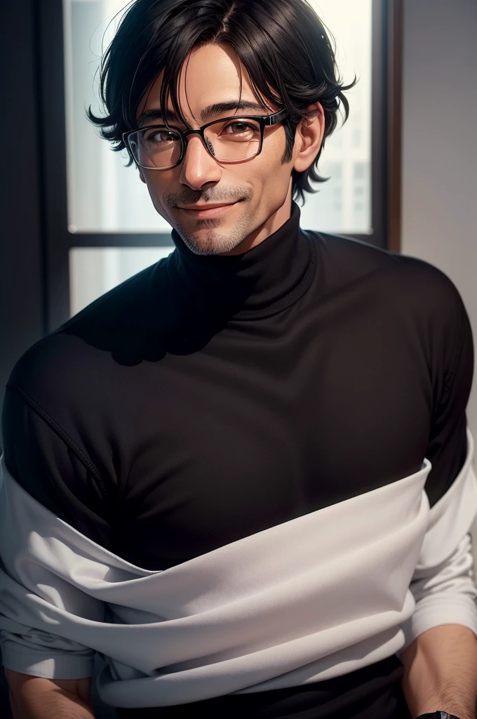 Portrait、adult male, 45 years old, dark brown eyes, with glasses, thin, no muscles, black hair, black turtleneck sweater, smile、laugh loudly、looking sideways、looking at viewer,realistic pictures、（（Pure white light background））、short hair、two block
