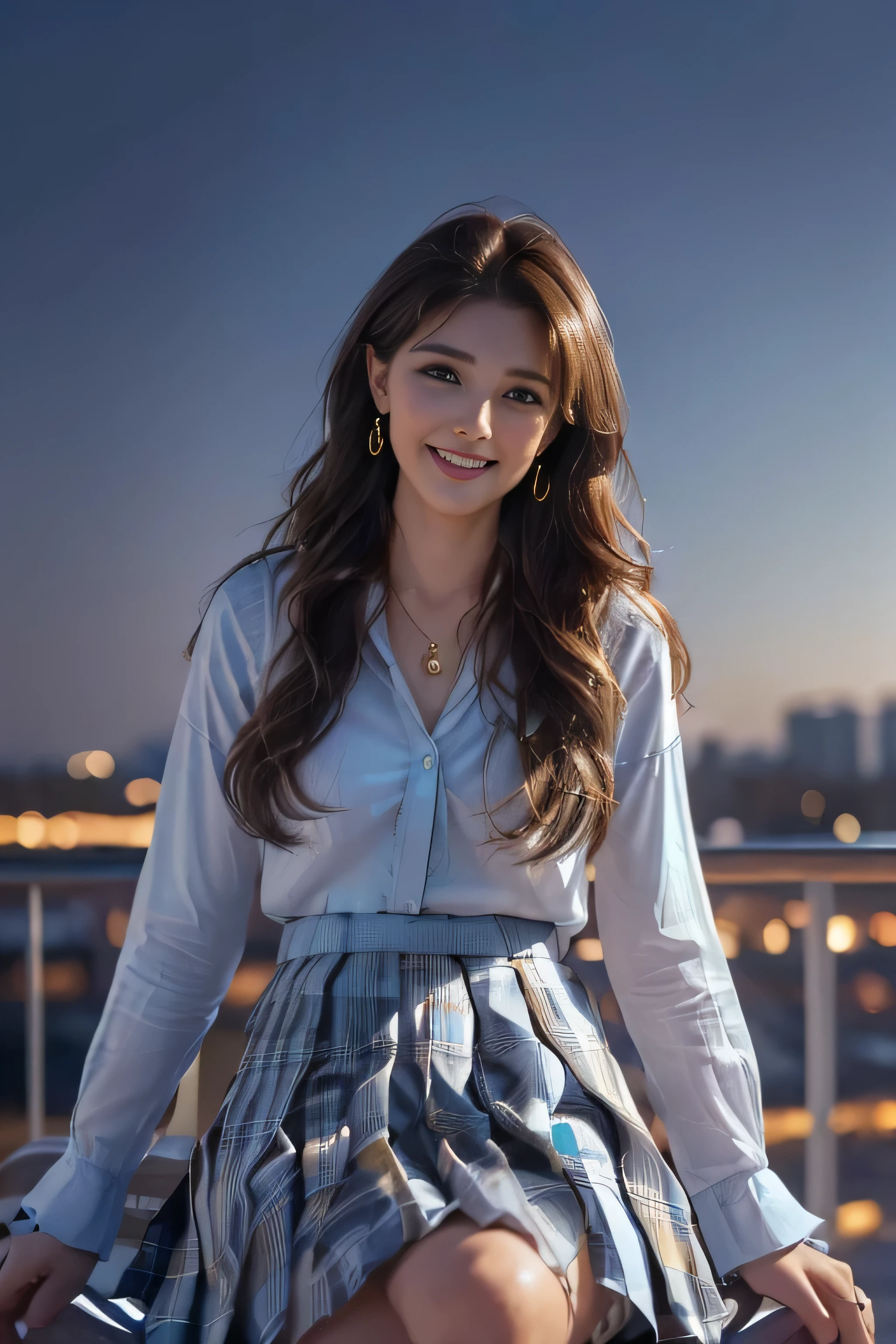 ((beautiful girl:1.3)) ((waering pure White collar shirt、Light blue plaid pleated skirt:1.4)) (((smile:1.2)) ((medium chest:1.2)) ((close:1.3)) highest quality,masterpiece,ultra high resolution,(realistic:1.4),Raw photo,(real skin texture:1.3),(film grain:1.3),panorama,character portrait,very wide shot,tight waist,cowboy shot,(in the dark, deep shadow, discreet key, cold light,) night,(()),flowing tears,,dust,Tyndall effect,(Performance),,Beautifully detailed eyes and face,white jabot,brown eyes,((brown hair:1.2)) ((full body:1.3))((gold necklace_Large earrings:1.2)),((Long brown hair:1.2))((Hair with loose waves inside:1.2))((sitting on a chair, night view terrace background:1.3)),((shy smile:1.3)((look down at the viewer,from below:1.5)),