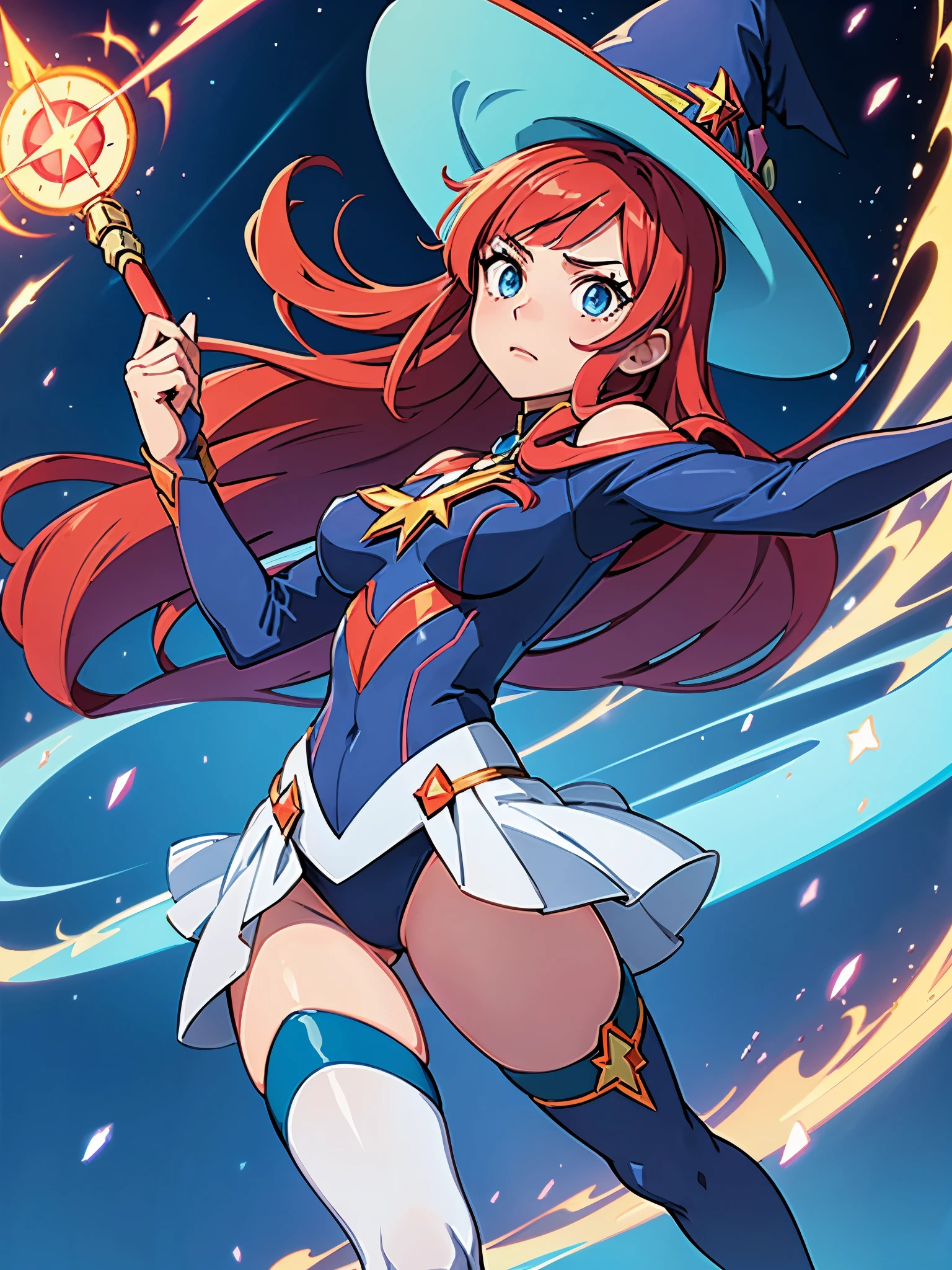 a cartoon of a woman dressed in a superhero costume holding a wand, witch academia, superhero sorceress witch, glamorous angewoman digimon, sky witch, by Aguri Uchida, maya ali as a lightning mage, leotard, blue leotard with white accents, bare legs, blue thigh-highs, red high heels, (witch hat, red hair, long hair), blue eyes, ahoge, beautiful detailed eyes, beautiful detailed face, cute face, medium breasts, age 16-18, solo, solo focus, wonder, full body portrait, cowboy shot
