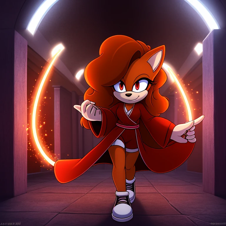 mobian, hedgehog, two-tone fur ((orange fur, brown fur)), red robe, small breasts, red lightsaber, high-top sneakers, two-tone hair (brown hair, black tip)), curly hair, red halo, red aura, jewelry, red glowing eyes, longeyelashes, red eyes, smirk, super dark room, high detail, masterpiece, UHD, anatomically correct, super detail, highres, 4K