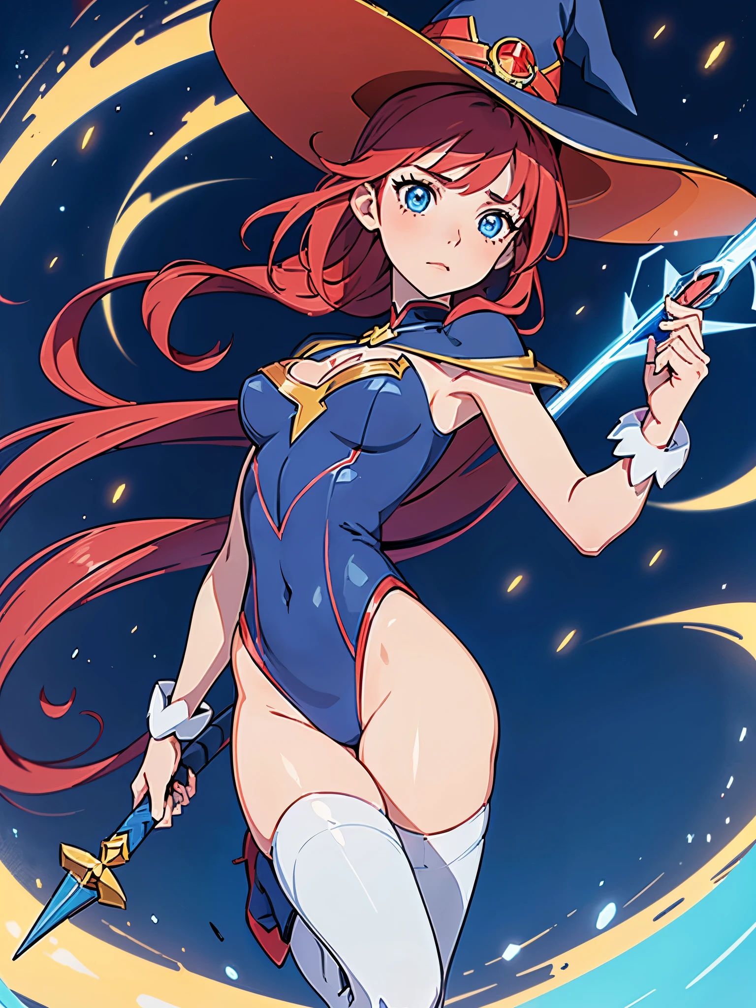a cartoon of a woman dressed in a superhero costume holding a wand, witch academia, superhero sorceress witch, glamorous angewoman digimon, sky witch, by Aguri Uchida, maya ali as a lightning mage, leotard, blue leotard with white accents,  legs, blue thigh-highs, red high heels, (witch hat, red hair, long hair), blue eyes, ahoge, beautiful detailed eyes, beautiful detailed face, cute face, medium breasts, age 16-18, solo, solo focus, wonder, full body portrait, cowboy shot