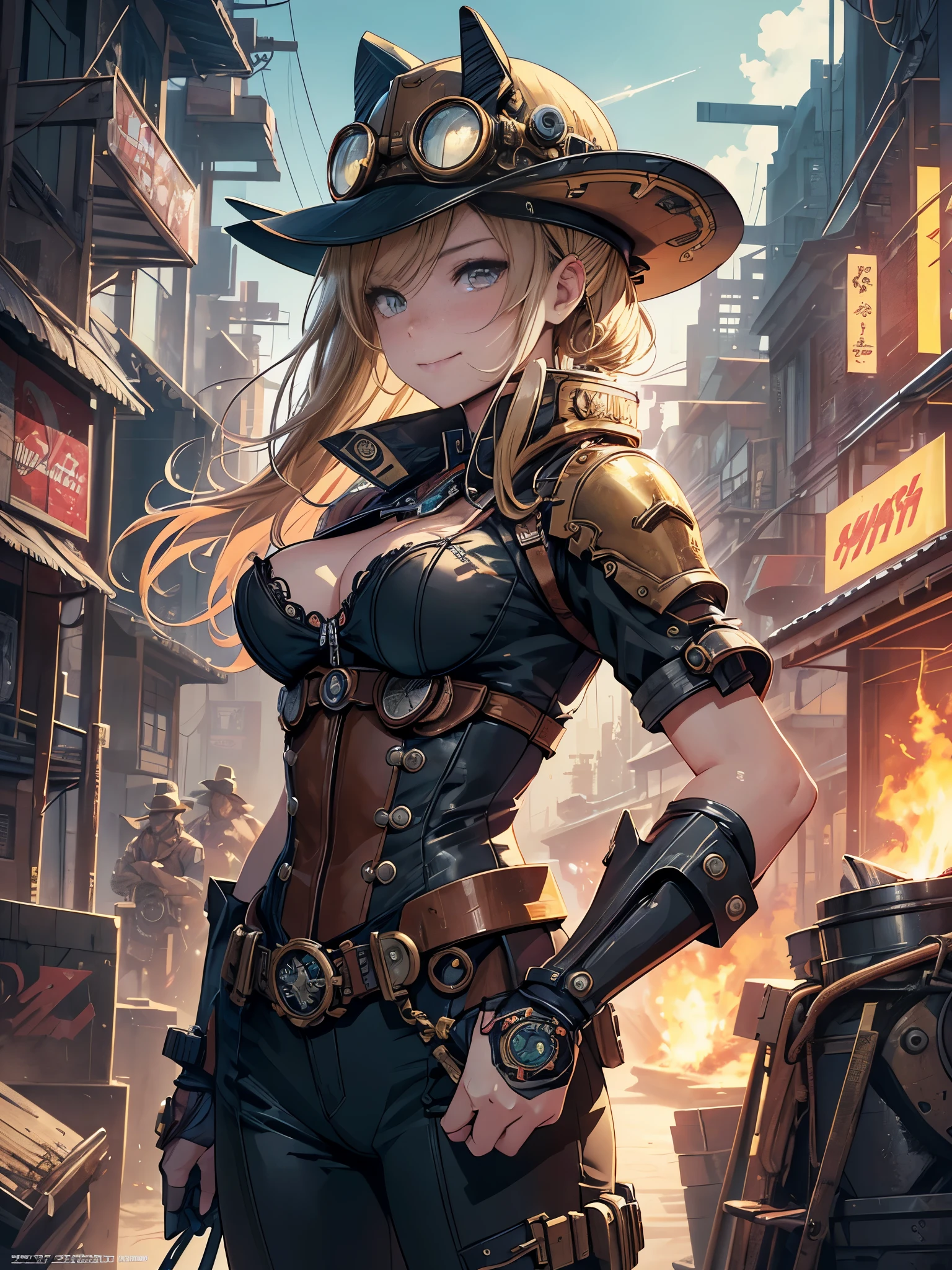 (comic book style),(line drawing_anime),(cowboy shot,Low - Angle, highest quality, ),(Laura Budd Photos:1.2),(Laura Add Details:1.0),8K, flat color:0.8,1 girl,smile,(Highly decorative and complex mechanical steampunk fashion, lace flare dolphin hat、goggles 1.5、machinery background、Gear background、Intricately mechanized steampunk cityscape 1.5),