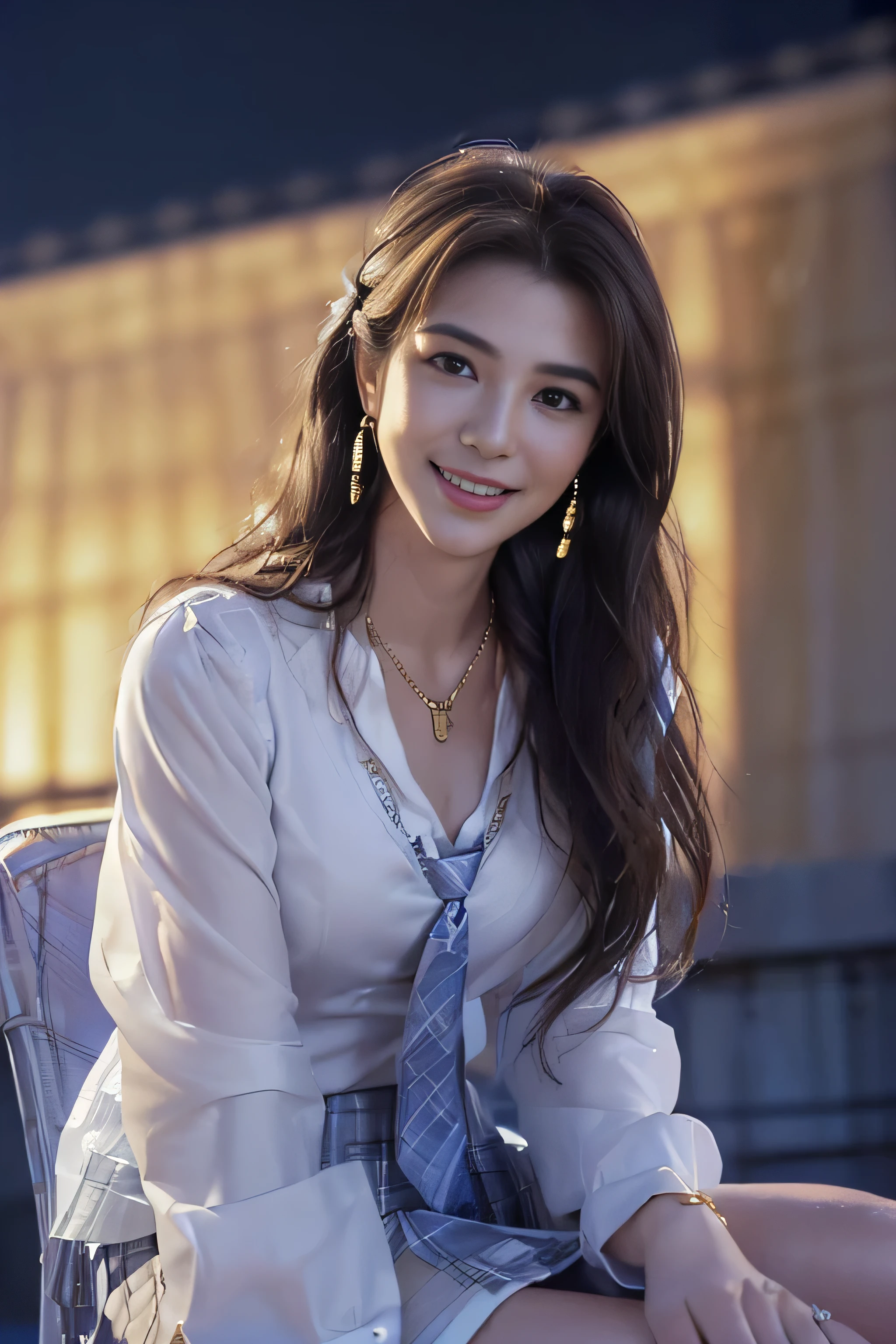((beautiful girl:1.3)) ((White blouses with emblem、Blue tie、Plaid miniskirt:1.4)、 (((smile:1.2)) ((medium chest:1.2)) ((close:1.3)) highest quality,masterpiece,ultra high resolution,(realistic:1.4),Raw photo,(real skin texture:1.3),(film grain:1.3),panorama,character portrait,very wide shot,tight waist,cowboy shot,(in the dark, deep shadow, discreet key, cold light,) night,(()),flowing tears,,dust,Tyndall effect,(Performance),,Beautifully detailed eyes and face,white jabot,brown eyes,((brown hair:1.2)) ((full body:1.3))((gold necklace_Large earrings:1.2)),((Long brown hair:1.2))((Hair with loose waves inside:1.2))((sitting on a chair, night view terrace background:1.3)),((shy smile:1.3)((look down at the viewer,from below:1.5)),
