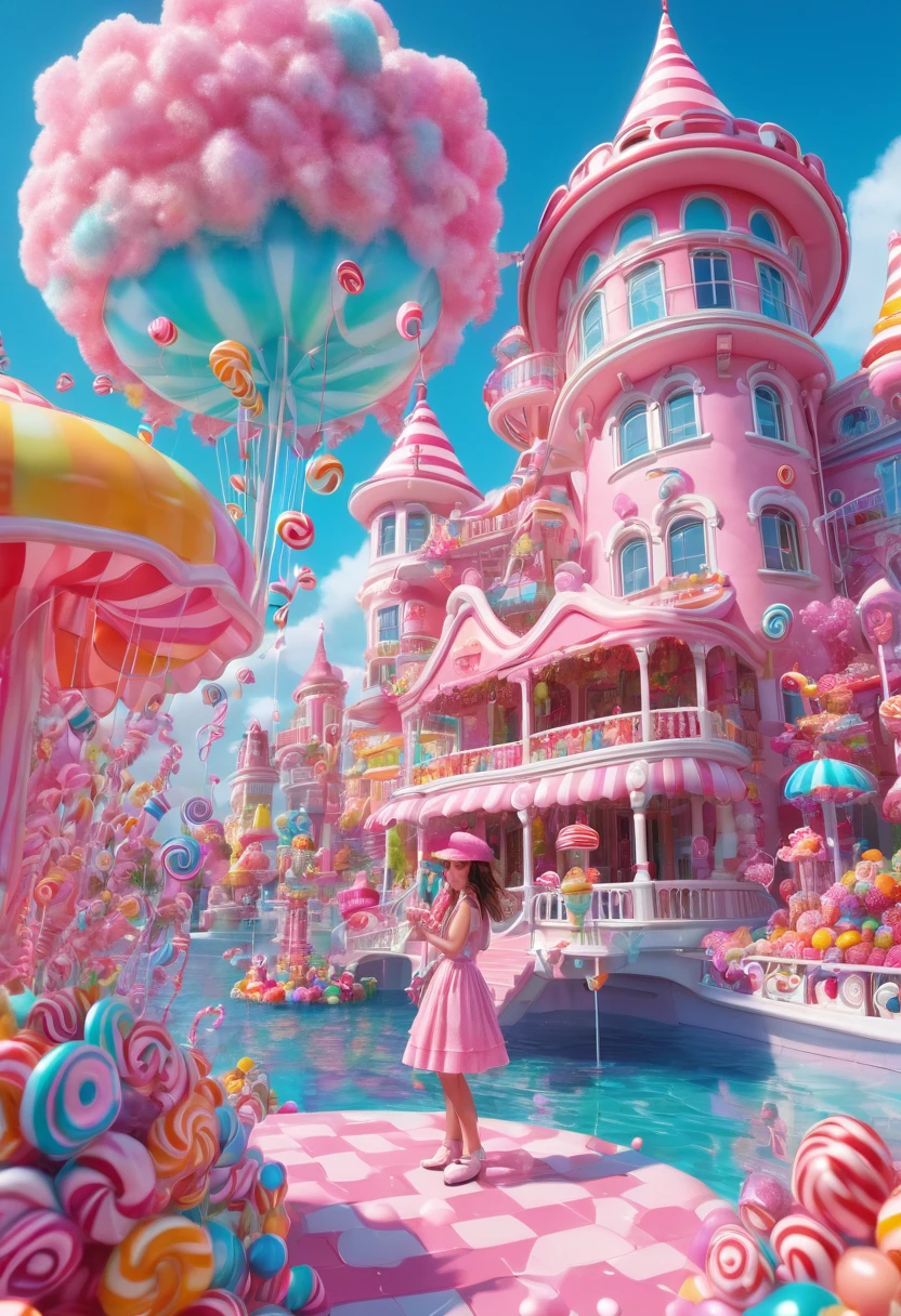 1girl, Candyland, aesthetic, (best quality, highres), ultra-detailed, (realistic:1.37), vibrant colors, candy-themed, dreamlike, enchanting, whimsical, sunlit, joyful, playful, sugary attire, magical, enticing aroma, candy castle, candy river, cotton candy clouds, lollipops, candy cane columns, sugar sculptures, gumdrop boats, candy fish, vibrant flowers, cheerful musicians