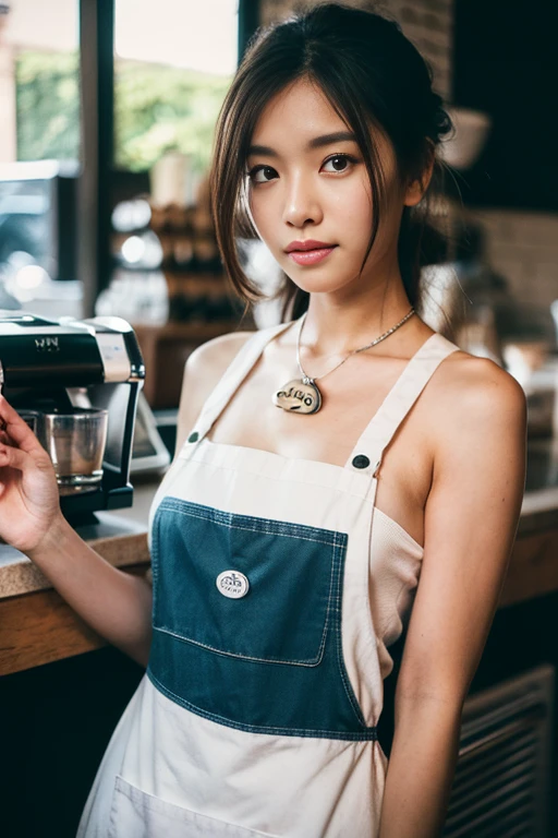 (film grain),summer,hot,Lazy afternoon,full body portrait,(((original photo))),A sexy girl works at a counter in a cafe,The body shape of 34-26-36 is an hourglass shape,(Barista Apron、long apron、stripe、pattern、badge、pattern:1.5),rim light, clavicle, beautiful face,tattoos on the arms,belly button,wide hips, slender waist,(((long legs))),Idol, depth of field, tilt, reflective,lifelike, 超high resolution, high quality,soft light,best quality,masterpiece,8K,Super real,(film grain, Color difference, sharp focus, in the darkness, deep shadow, low profile, cold light, sexy look). portrait style, Professional commercial photography, meticulous,(fine grained), (highest detail) ○○ res – 超high resolution , The texture is very high (Water highlight resolution), lifelike hands and fingers – (Realistic and beautiful 4k) , 8K,Extreme details, (highest quality fabric texture), every detail,Exquisite facial features, masterpiece – masterpiece○○品质 – (best quality) ,Leica film, High quality ○○ detailed – ○○ super detailed(Super fine ), lifelike, Very detailed(Very detailed) , meticulous, 解析度 – ○○ 解析度超high resolution(high resolution)