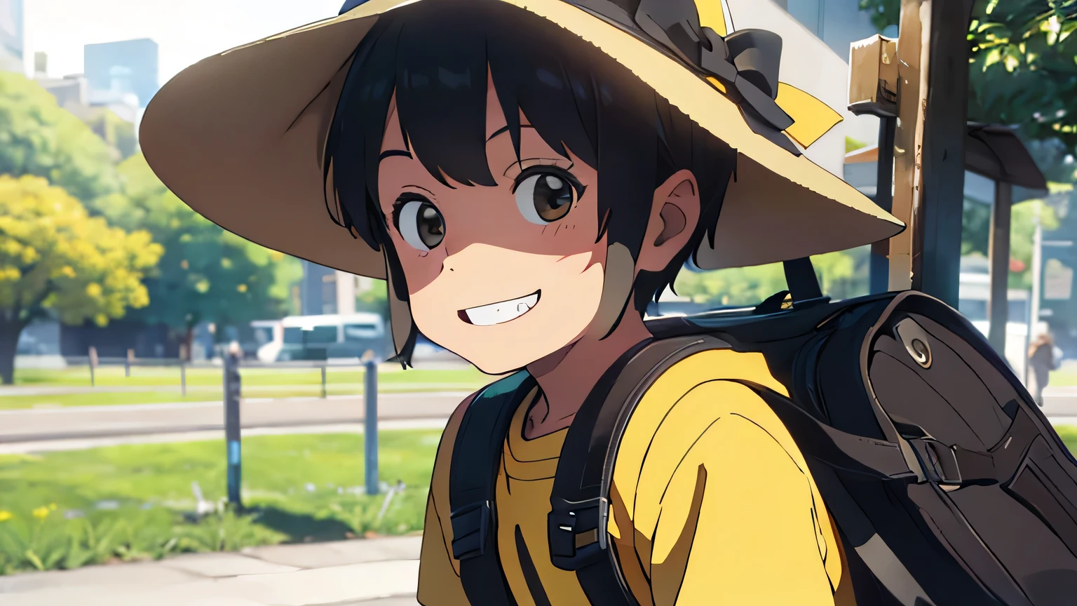 A smiling 5-year-old boy wearing a yellow hat and carrying a black backpack、Full body close-up