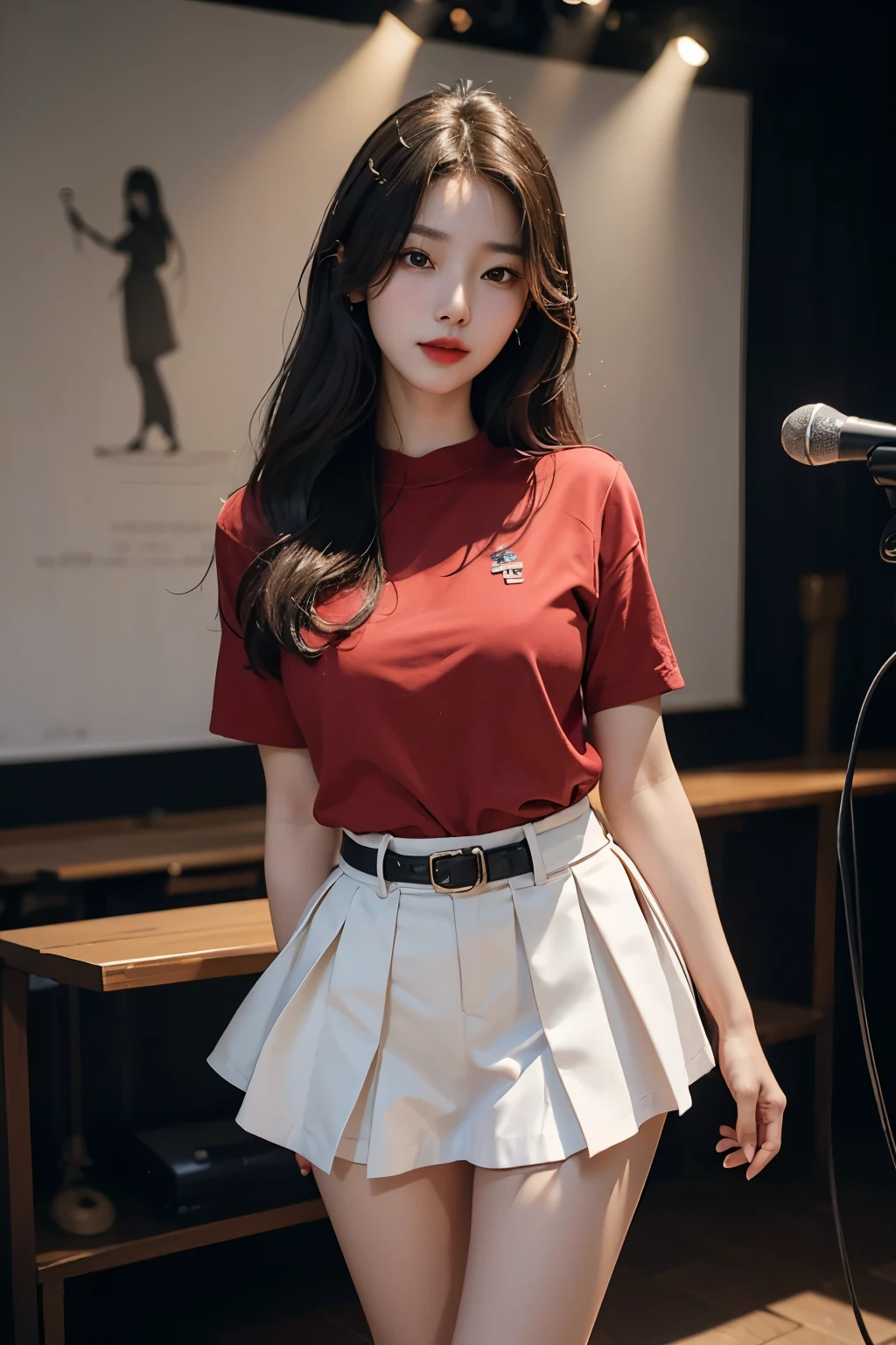 Korean beauty wearing short skirt and red shirt, red lips,mature woman,assembly, Liuyifei, (best quality, masterpiece:1.2), very detailed, (realistic:1.37), beautiful, young, glamorous model (detailed eyes, detailed lips, extremely detailed eyes), sing in front of a microphone, cute and casual outfit, showing a bright smile, slim body, long legs, Creates a breathtaking depiction of a girl singing and dancing, random pose, perfect hands,