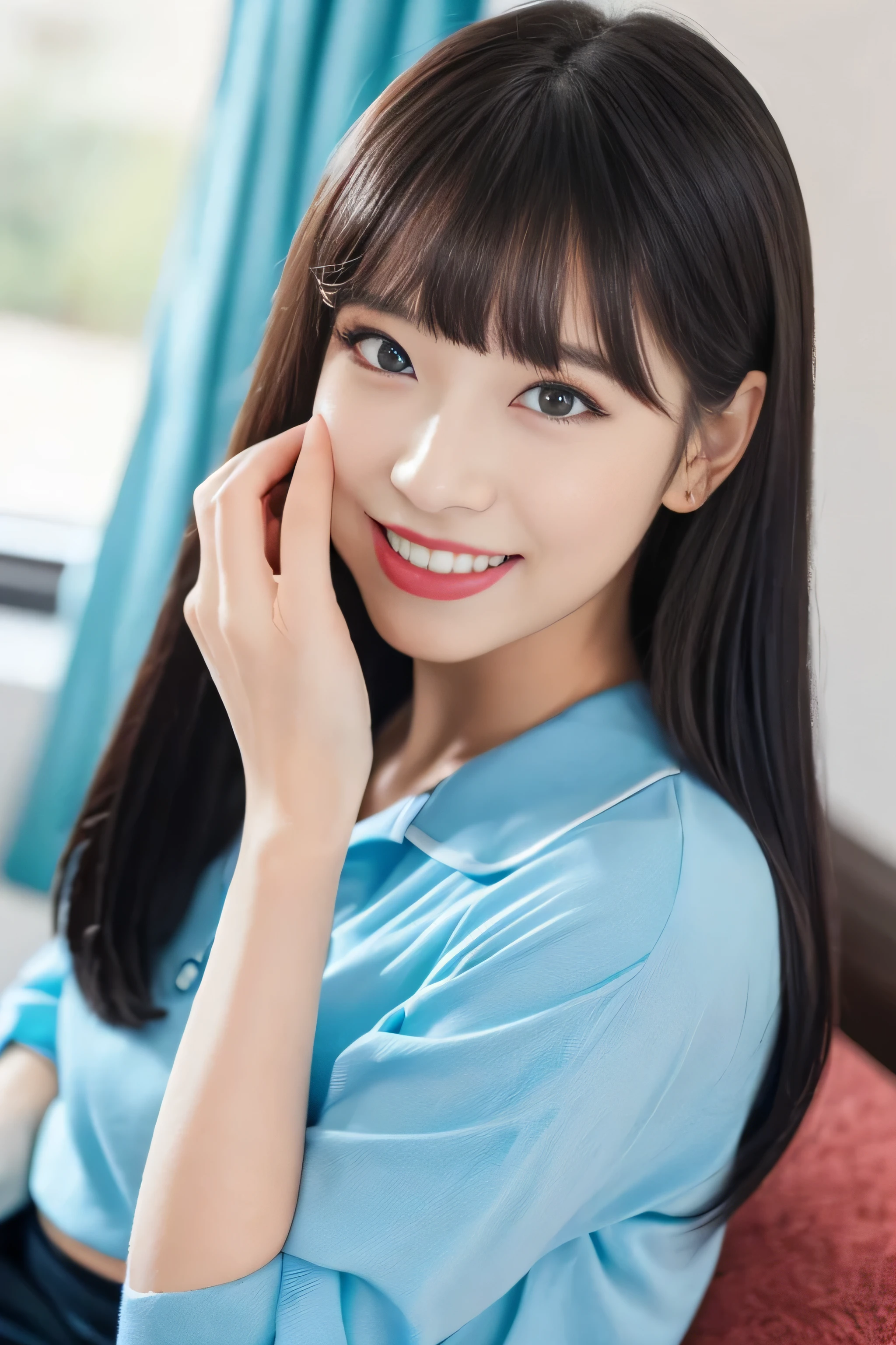 (((Very long, beautifully straight black hair that reaches down to her butt..3))) (The bangs are neatly trimmed in a princess cut.、It's long enough to reach your eyes:1.3) (Her very long black hair is very shiny.、It's shiny.、And that'Thick and shiny like silk、The most beautiful and exquisite in Japan, with extremely long black hair and very black, Beautiful, straight, extremely long hair、She is very long, Super straight black hair. And she really, Really long, beautiful black hair.) ((highest quality)), ((masterpiece)), (Get used to that) perfect beautiful face ((face close-up:1.1)) (The most beautiful Japanese 18 year old girls) ((Rich 1.4)) beautifull thatに慣れる face 8K (Ultra-fine skin texture 1.4) (actual, lively:1.4), double eyelid sharp focus:1.2、Beautiful woman:1.4 The whole body is super beautiful々New skin texture ((She's perfect Common skin colors of Japanese people She is a perfect professional beautiful make-up Lipstick is slightly pink Eyeliner is black)) ((big breasts)) Unique Japanese faces Japan body type that'that'that' (She is wearing sky blue lingerie) (Real photos from professional photographers:1.1) (Arabian style view of a living room with a blue sofa and a TV, Popular interior design styles, blue and white color scheme, blue and white color scheme, White and blue color scheme, sky blue and white color scheme, Interior decoration, Home interior, White and blue color scheme, Blue color scheme, Blue-white-collar, Soft blue living room, In a blue colored house, she is sitting on a blue carpet near the window of the house, facing the viewer.、And he smiles, looking very relaxed and satisfied as he is forced to stare at the viewer's male genitals.)
