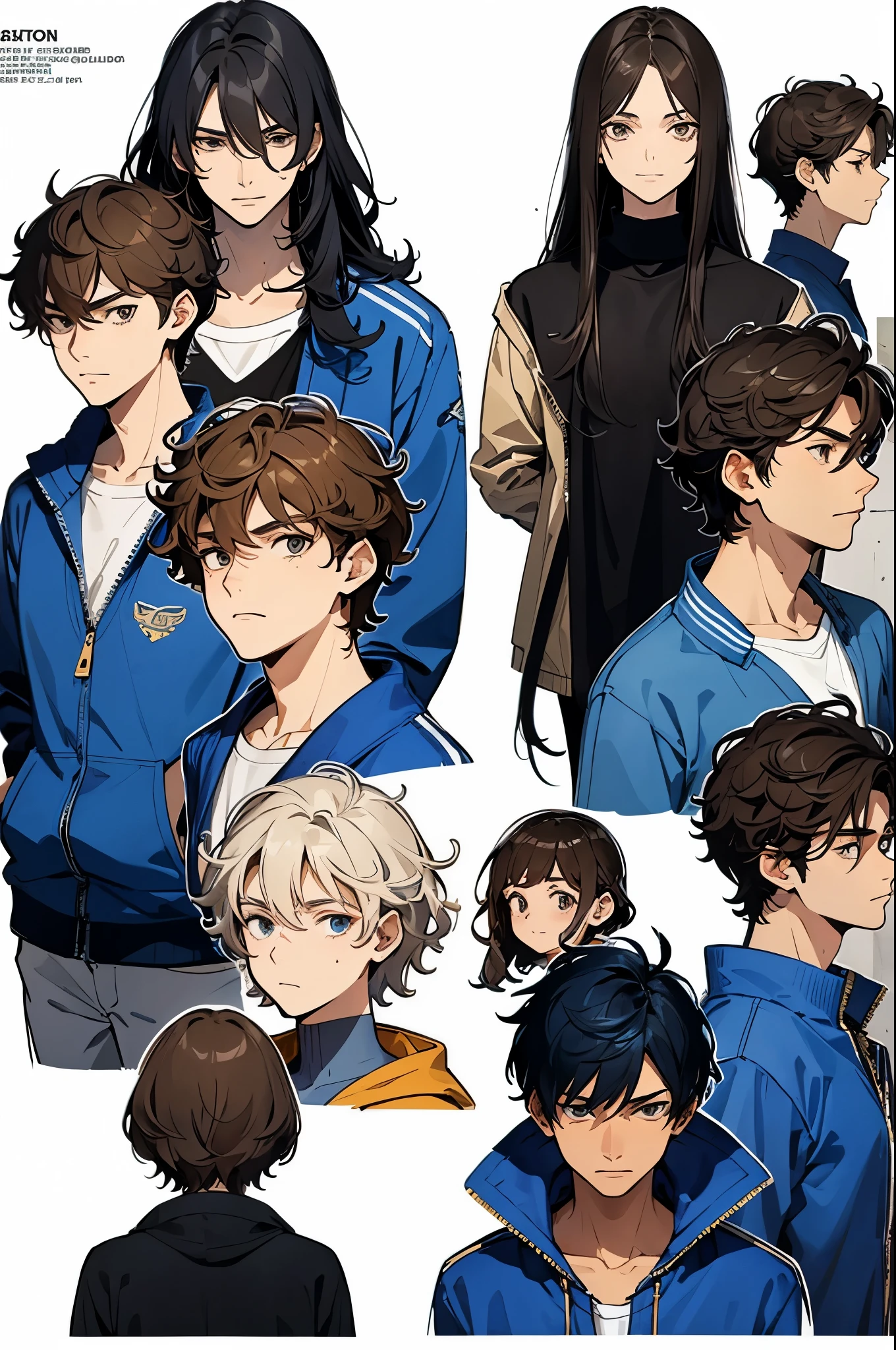 (Character design sheet, Same character..., Front, side,back), face overview, create a 2d comic style character. the character is a 16 year old boy with curly brown hair. his hair is longer in the front and goes down to his neck in the back. he has thick straight eyebrows and brown eyes. his jawline is more triangular and he is normally wearing a blue and gold letterman jacket, sketch,eight different face angles