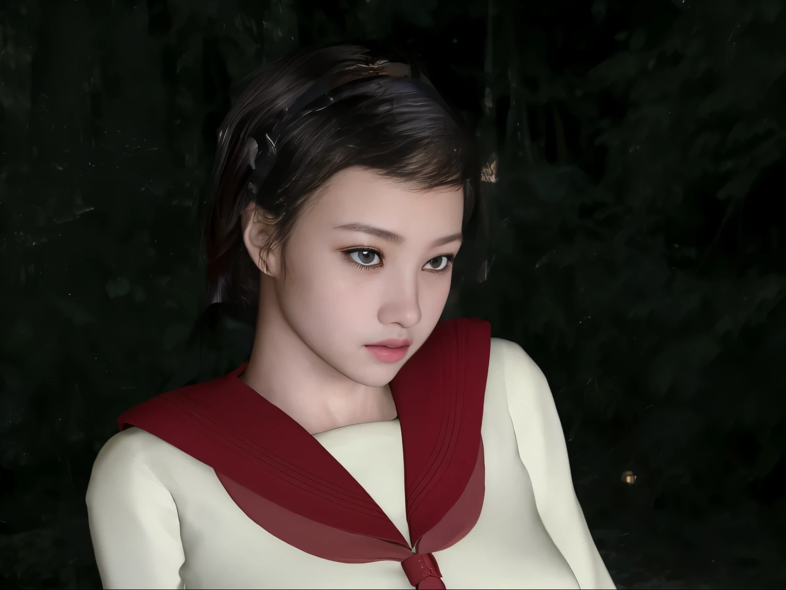 (dark photo、unity、8k wallpaper)、(very delicate and beautiful)、(masterpiece)、(highest quality:1.2)、(超A high resolution:1.3)、(beautiful realistic asian),beautiful lighting、perfect lightning、realistic shadow、fine skin、Super detailed、detailed face and eyes、realistic eyes、sharp pupils、Huge , inside the classroom、School、sunset、beautiful face、blurred background、(japanese woman)、shiny skin、side up、美しいblack hair、dull bangs、Japan High School Sailor Uniform、pleated mini skirt、gentle smile, ((table top, highest quality)), (shiny skin), cinematic lighting, Physically based rendering, award-winning, highly detailed skin, highly detailed face, Beautiful eyes in every detail, Carl Zeiss 85mm F/1.4, (Standing position), (cumin , on the chest and thighs), she'She's a very cute 16 year old , (black hair, straight long hair, open your eyes, blush), big cleavage, (sailor blouse, Pull up the pleated skirt yourself:1.3), watching from a distance, (navy knee socks, thigh focus),art by、