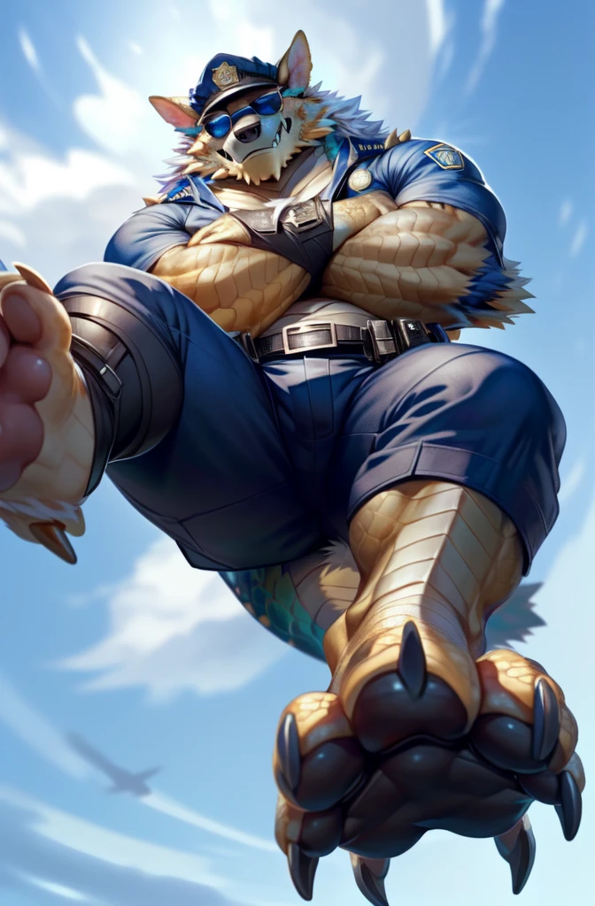 solo,anthro,zinogre,tail,full body,(dragon horns:1.2),
(by null-ghost,by raccoon21,masterpiece,high quality),
(police_uniform:1.3),police cap,
(sunglasses:1.2),crossed arms,
(low-angle view:1.3),(worm's-eye view:1.3),(((foot on camera))),pawpads,