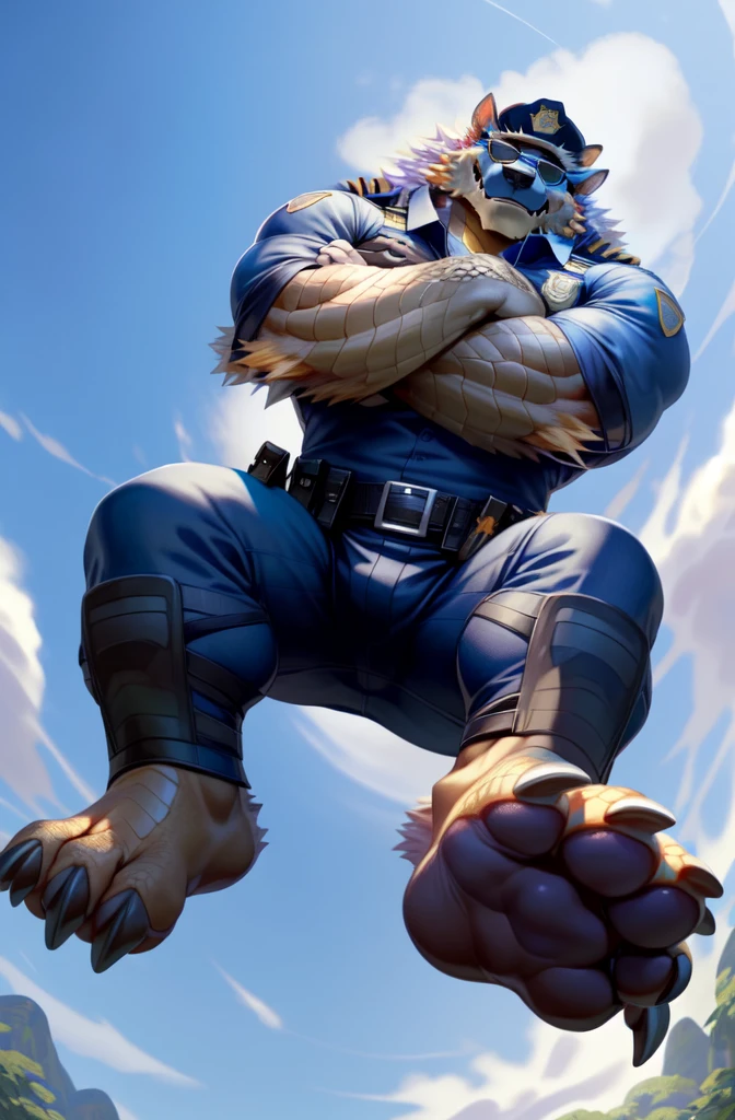 solo,anthro,zinogre,tail,full body,(dragon horns:1.2),
(by null-ghost,by raccoon21,masterpiece,high quality),
(police_uniform:1.3),police cap,
(sunglasses:1.2),crossed arms,
(low-angle view:1.3),(worm's-eye view:1.3),(((foot on camera))),pawpads,