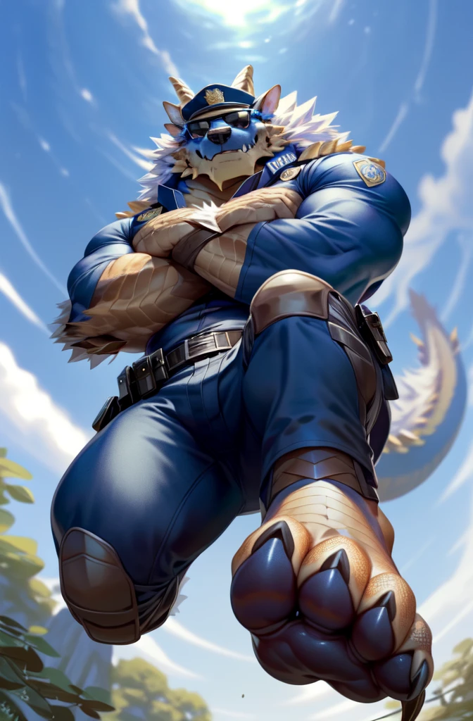 solo,anthro,zinogre,tail,full body,(dragon horns:1.2),
(by null-ghost,by raccoon21,masterpiece,high quality),
(police_uniform:1.3),police cap,
(sunglasses:1.2),crossed arms,
(low-angle view:1.3),(worm's-eye view:1.3),(((foot on camera))),pawpads,