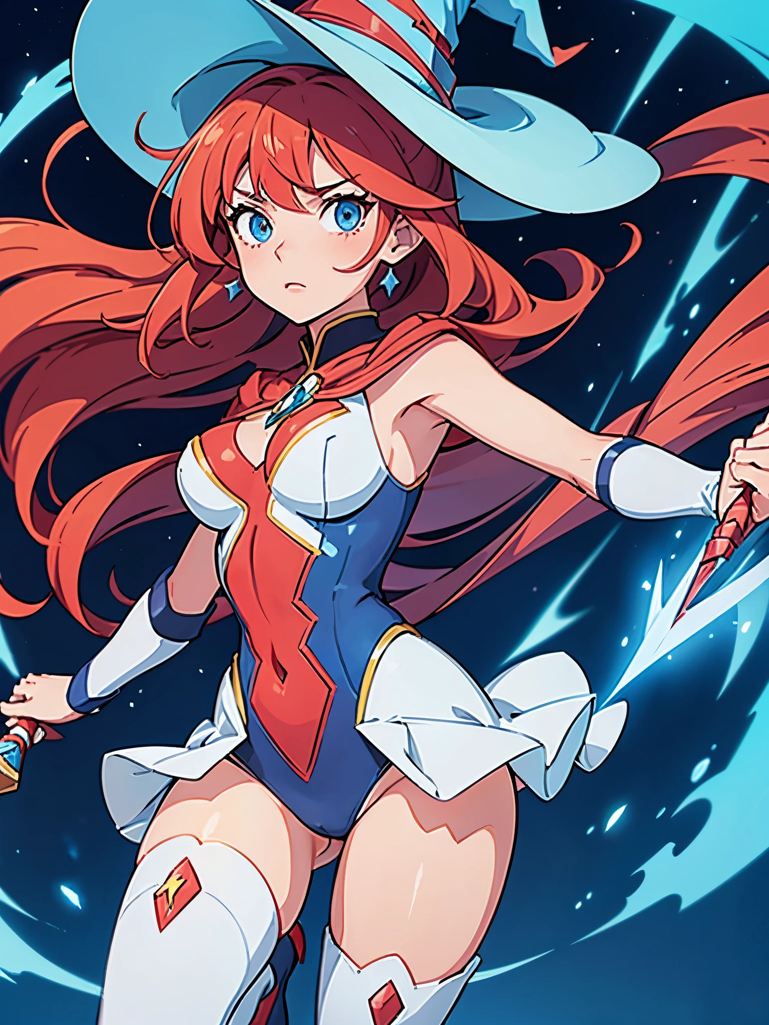 a cartoon of a woman dressed in a superhero costume holding a wand, witch academia, superhero sorceress witch, glamorous angewoman digimon, sky witch, by Aguri Uchida, maya ali as a lightning mage, leotard, blue leotard with white accents, bare legs, blue thigh-highs, red high heels, (witch hat, red hair, long hair), blue eyes, ahoge, beautiful detailed eyes, beautiful detailed face, cute face, medium breasts, -18, solo, solo focus, wonder, full body portrait, cowboy shot