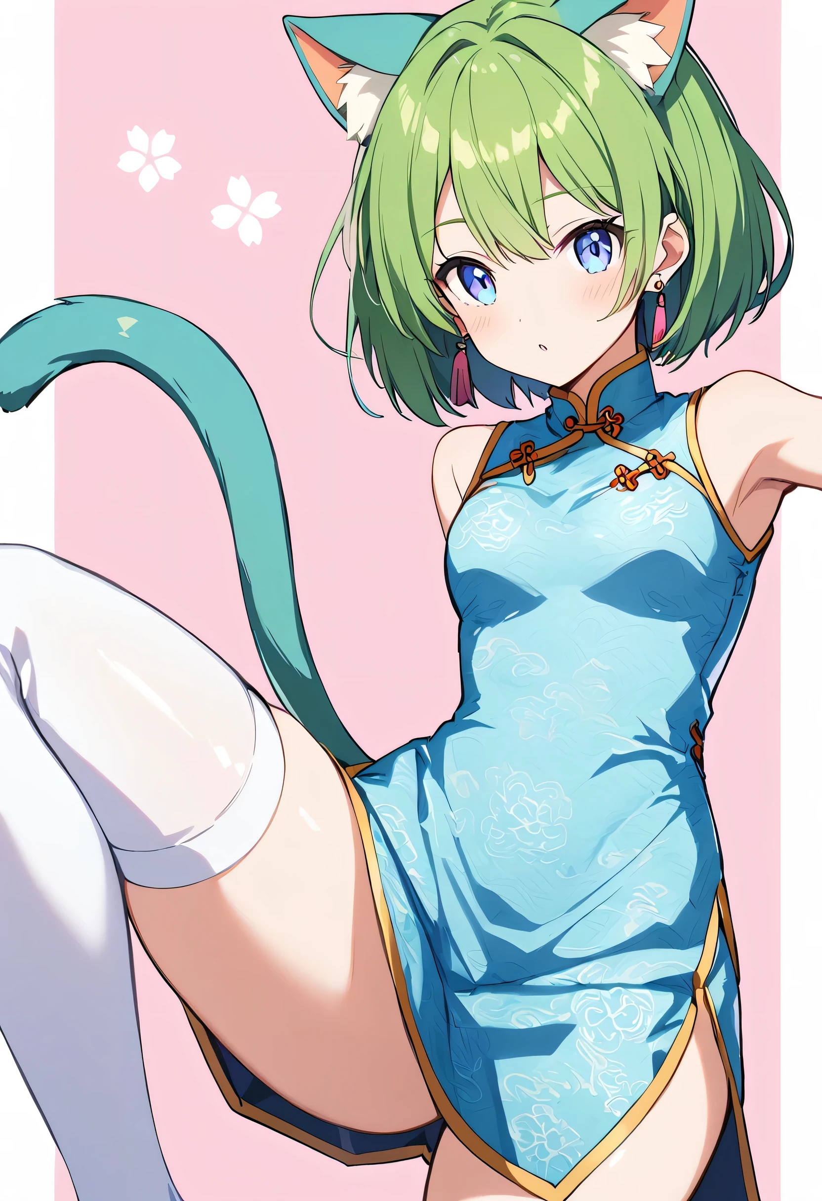 1girl,deltamon_beta, solo, blue eyes, thighhighs, animal ears, bare shoulders, blue tail, earrings,detached sleeves, green hair, sleeveless, cat ears, bag, white thighhighs, cat tail,pink backpack,pink randseru,
BREAK ((Silk Brocade Cheongsam - A richly textured cheongsam made from silk brocade, showcasing traditional Chinese craftsmanship.)),cherry blossom viewing,
BREAK Cowboy Shot,((Face Focus)),Leg spread,18yo,
