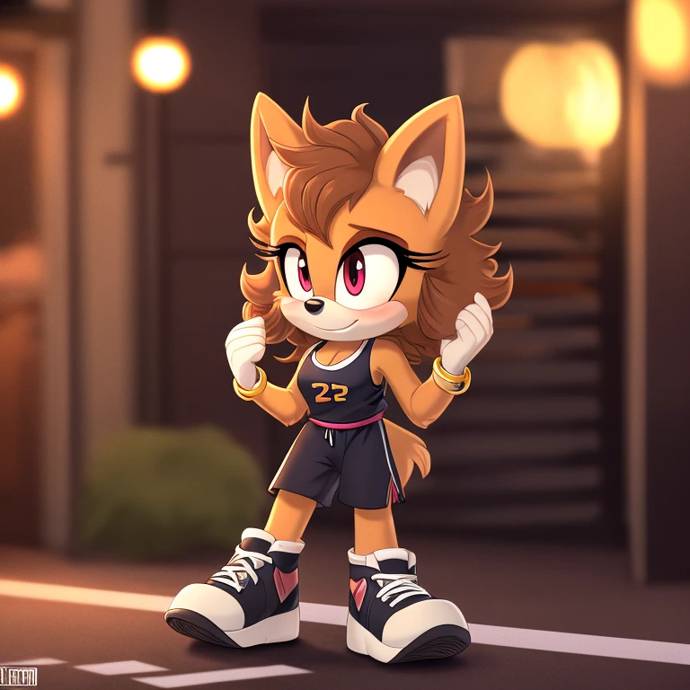 mobian, hedgehog, two-tone fur ((orange fur, brown fur)), basketball attire, cleavage, high-top sneakers, two-tone hair (brown hair, black tip)), curly hair, halo, sunglasses, jewelry, red eyes, longeyelashes, red eyes, smile, shy, blush, high detail, masterpiece, UHD, anatomically correct, super detail, highres, 4K