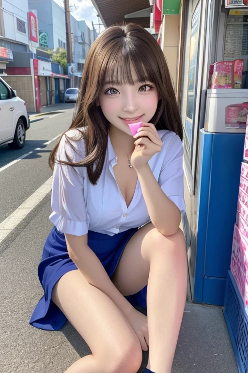 1girl,(Best quality at best, tmasterpiece:1.2), super high separation rate, actual, Frontlighting, Complicated details, Exquisitedetailsandtextures, (with sparkling eyes and a contagious smile),cute Face highlights, Best Quality, masutepiece, beautiful mature women、Beautiful face、Strong-minded woman、Office Suits、brown haired、Brown-eyed、Longhaire、Undersized eyes、Full body like、In front of a convenience store、outside of house、Eating popsicles,her thin pubic hair, looking at viewer,
