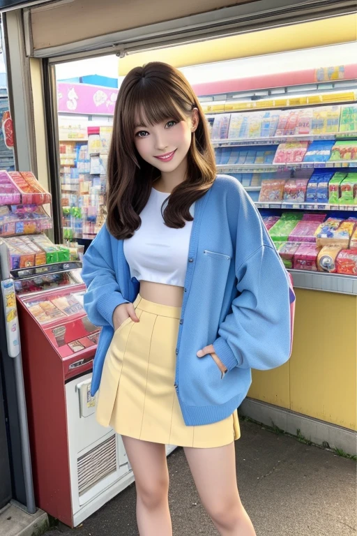 1girl,(Best quality at best, tmasterpiece:1.2), super high separation rate, actual, Frontlighting, Complicated details, Exquisitedetailsandtextures, (with sparkling eyes and a contagious smile),cute Face highlights, Best Quality, masutepiece, beautiful mature women、Beautiful face、Strong-minded woman、Office Suits、brown haired、Brown-eyed、Longhaire、Undersized eyes、Full body like、In front of a convenience store、outside of house、Eating popsicles,her thin pubic hair, looking at viewer,