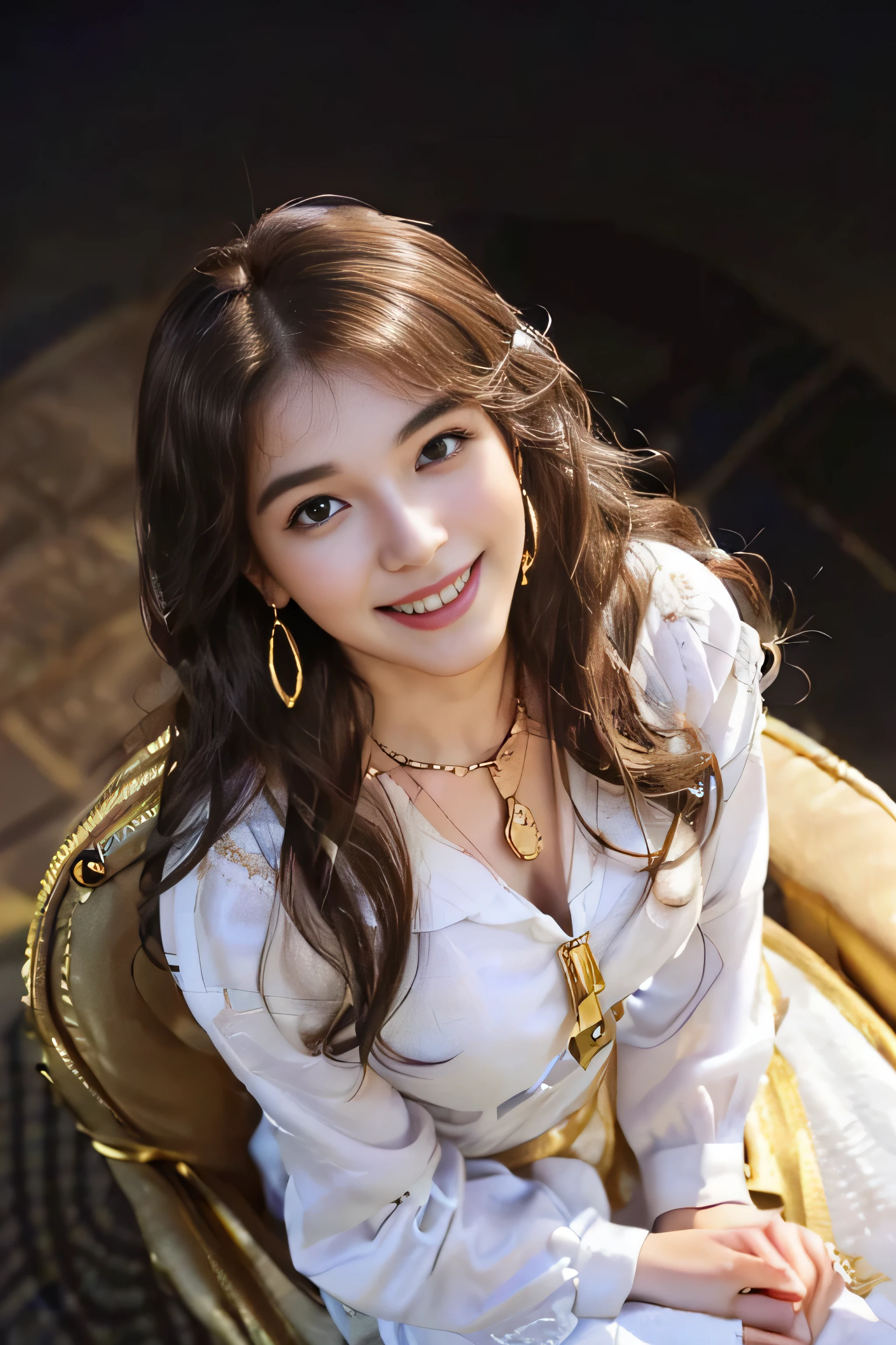 ((beautiful girl:1.3))((wearing a white shirt dress:1.4) (((smile:1.2)) ((medium chest:1.2)) ((close:1.3)) highest quality,masterpiece,ultra high resolution,(realistic:1.4),Raw photo,(real skin texture:1.3),(film grain:1.3),panorama,character portrait,very wide shot,tight waist,cowboy shot,(in the dark, deep shadow, discreet key, cold light,) night,(()),flowing tears,,dust,Tyndall effect,(Performance),,Beautifully detailed eyes and face,white jabot,brown eyes,((brown hair:1.2)) ((full body:1.3))((gold necklace_Large earrings:1.2)),((Long brown hair:1.2))((Hair with loose waves inside:1.2))((sitting on a chair, night view terrace background:1.3)),((shy smile:1.3)((Directly from above:1.5)),