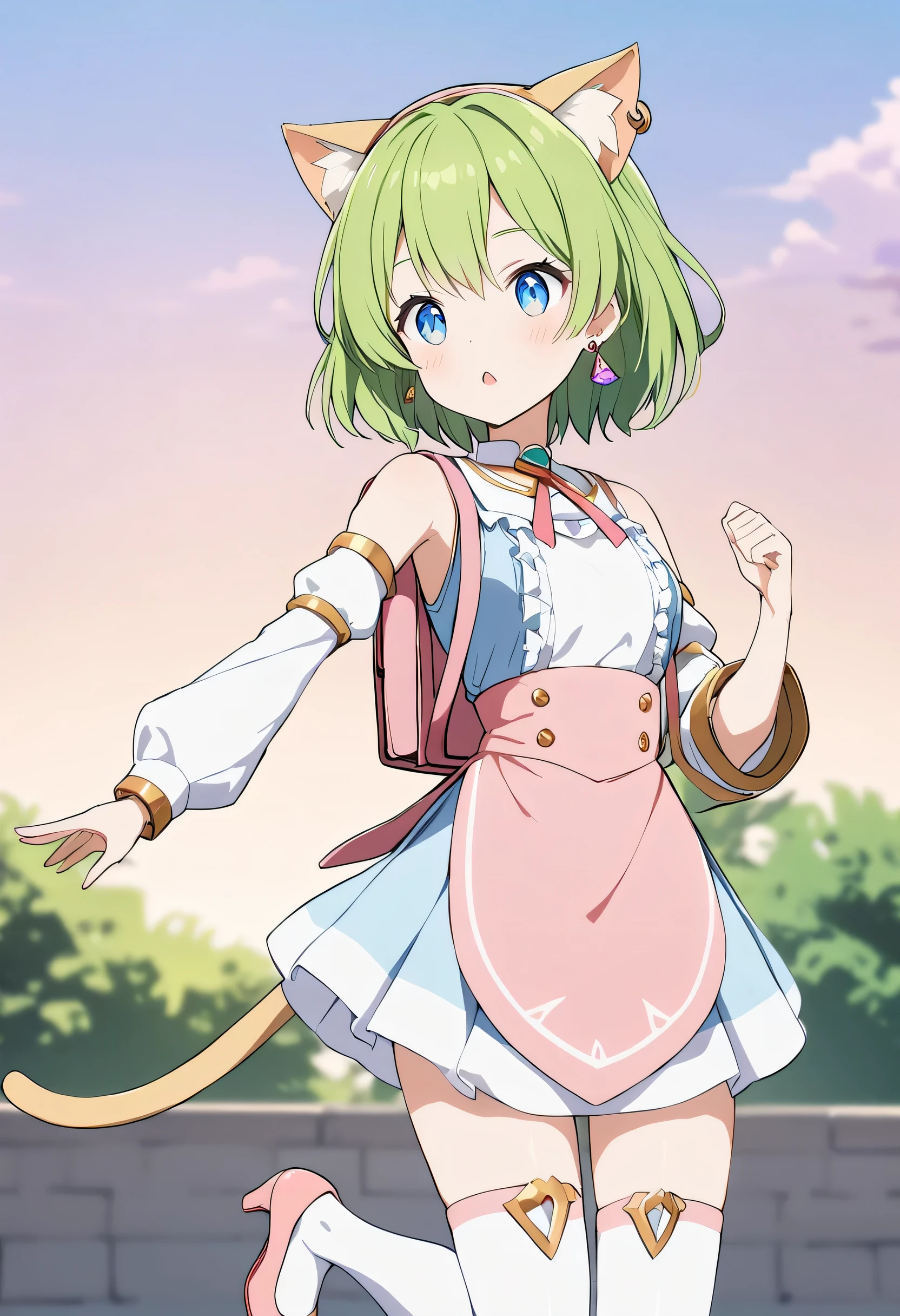 1girl,deltamon_beta, solo, blue eyes, thighhighs, animal ears, bare shoulders, blue tail, earrings,detached sleeves, green hair, sleeveless, cat ears, bag, white thighhighs, cat tail,pink backpack,pink randseru,Ruffled Wrap Radiance: A wrap dress with ruffles, complemented by a clutch and kitten heels.