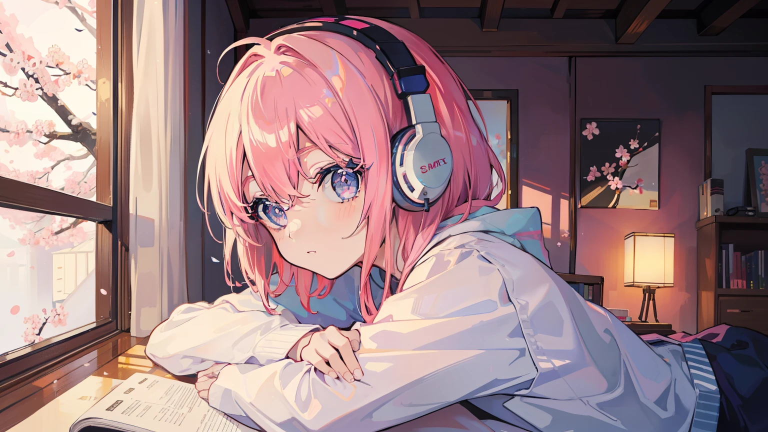 japanese anime style、Beautiful girl studying in her room while listening to headphones,warm lighting,Cherry blossoms are blooming outside the room
