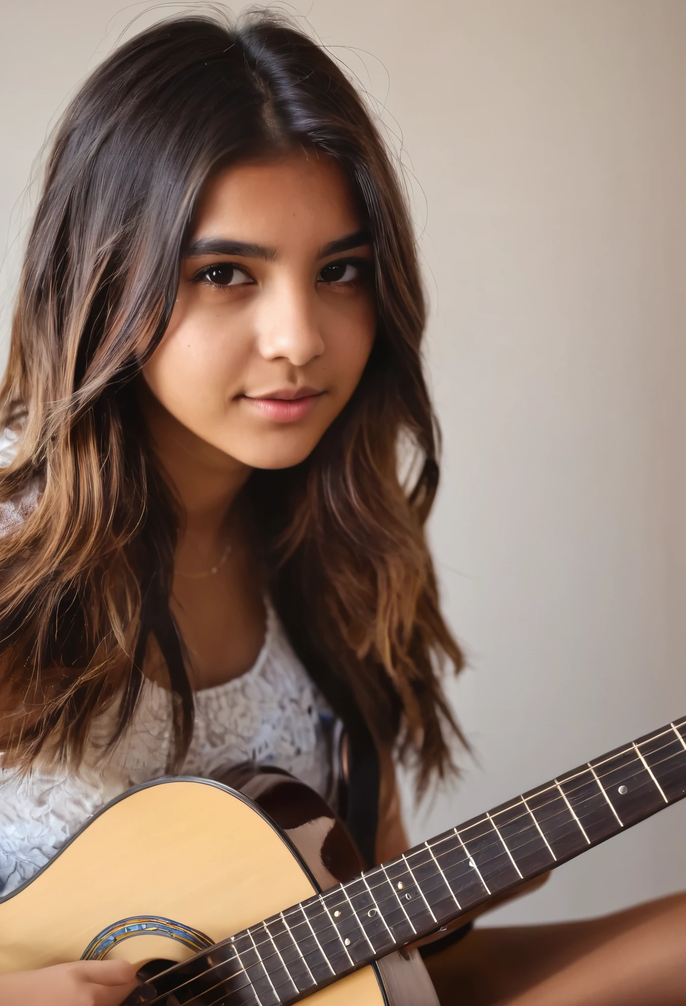 Girl with darkbrown ombré hair. Playing a guitar. Brown eyes. 