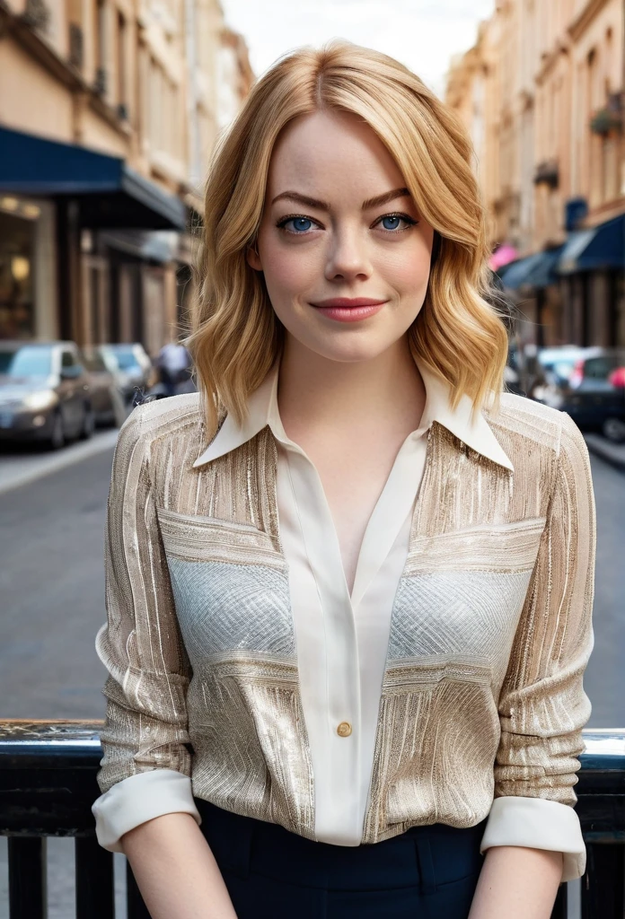 High quality representation of a cute 24 year old girl. Emma Stone, medium length blonde hair, symmetrical and detailed dark blue eyes, looks confident, relaxed, smiles, with a touch of superiority, a black blouse, black pants, in the city. Stunning realistic photography, 3D rendering, hard to detail, film-centric and hyper-realistic cover photo. full body shot, golden sandals