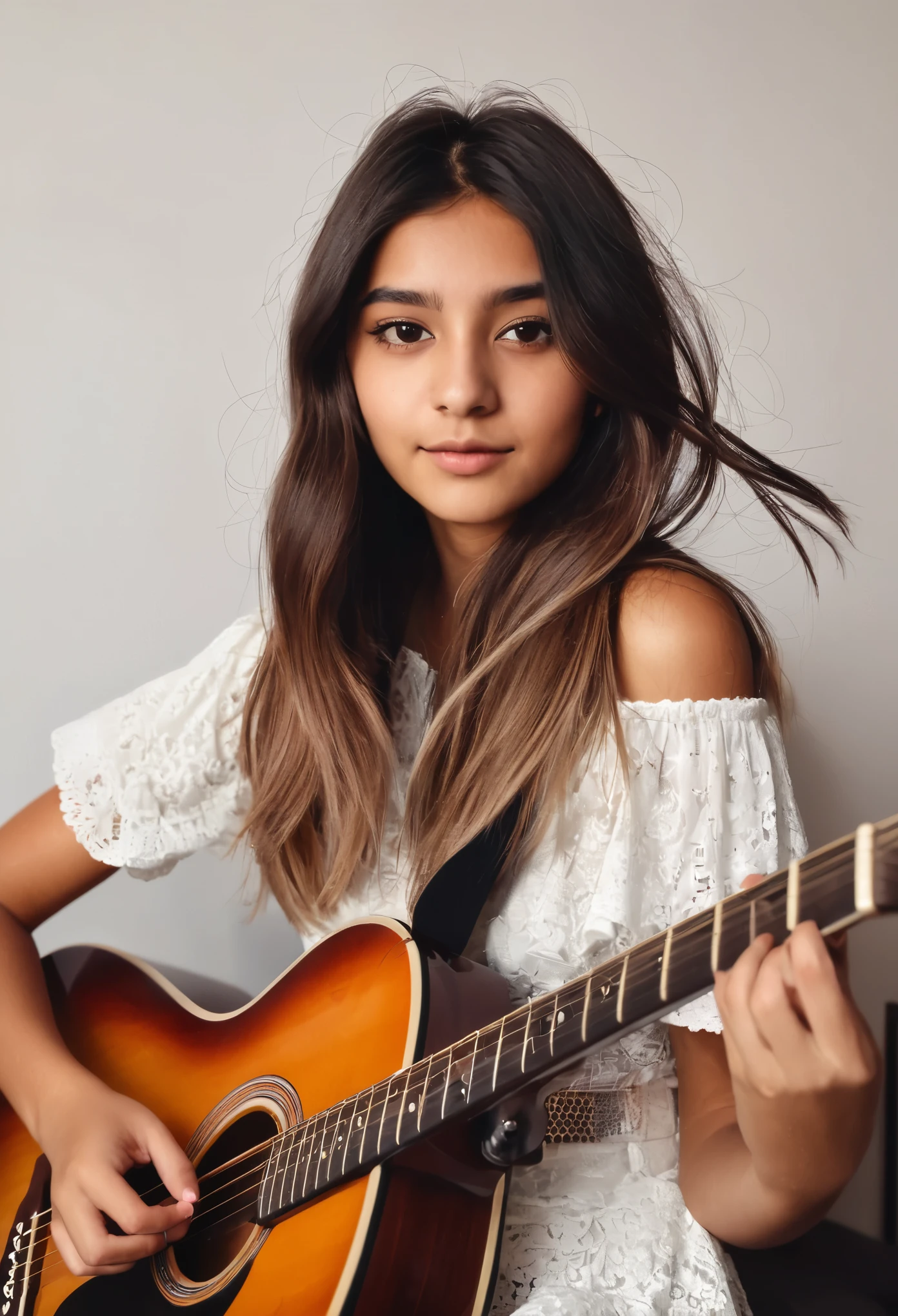 Girl with darkbrown ombré hair. Playing a guitar. Brown eyes.