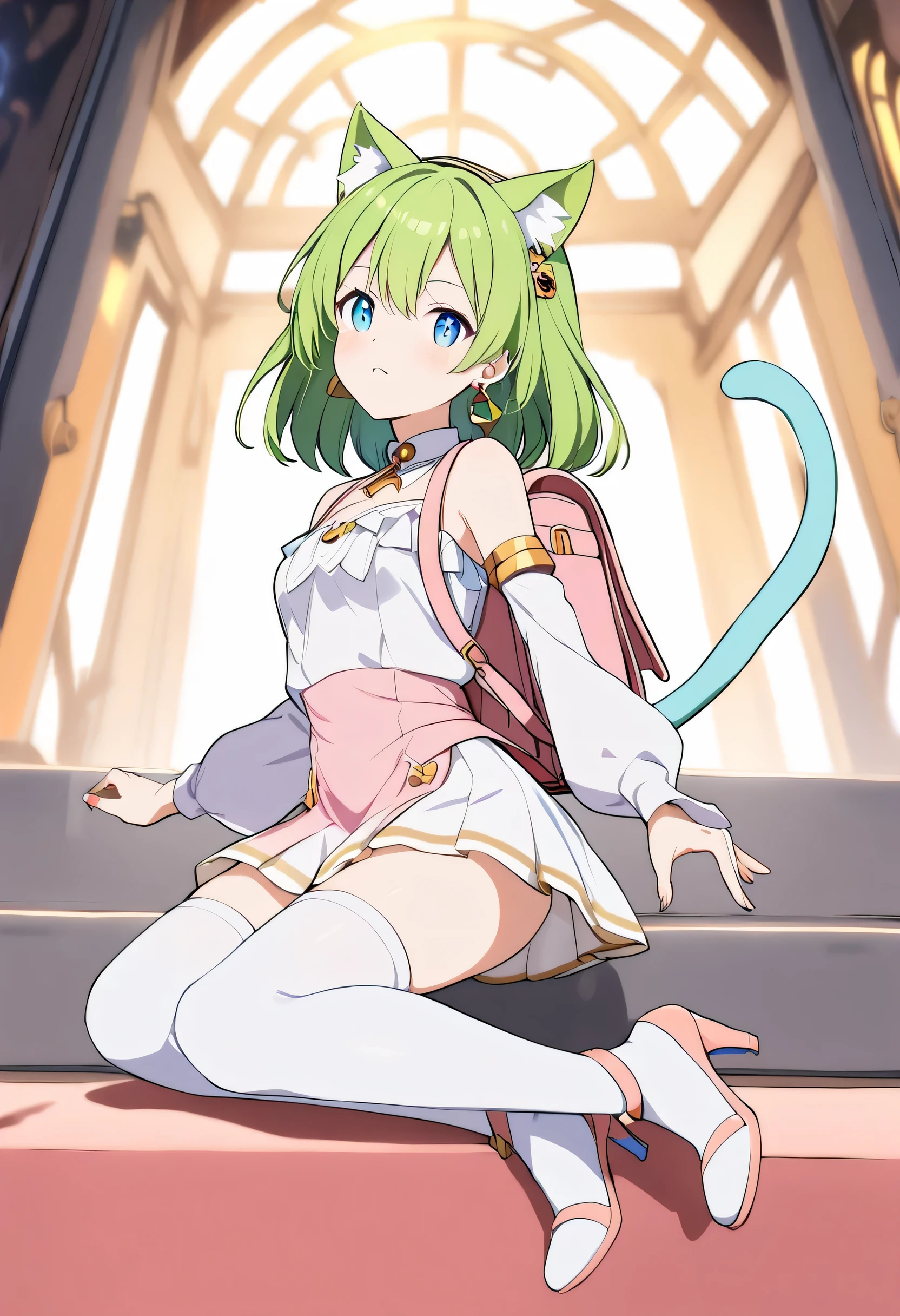 1girl,deltamon_beta, solo, blue eyes, thighhighs, animal ears, bare shoulders, blue tail, earrings,detached sleeves, green hair, sleeveless, cat ears, bag, white thighhighs, cat tail,pink backpack,pink randseru,Ruffled Wrap Radiance: A wrap dress with ruffles, complemented by a clutch and kitten heels.,
