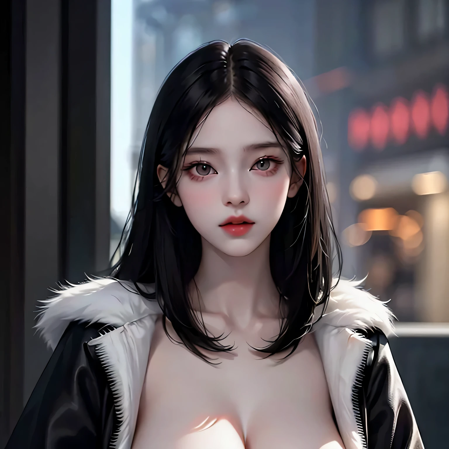 Beautiful girl with realistic black eyes, pale skin, medium length black hair, perfect face, perfect eyes, wearing a coat, very detailed, comprehensive movie, digital painting, 8K, cinematic lighting, highest quality, High resolution, Great job!, Post-processing, perfect result, surreal，(((revealing clothes)))，big breasts，NSFW:1.5