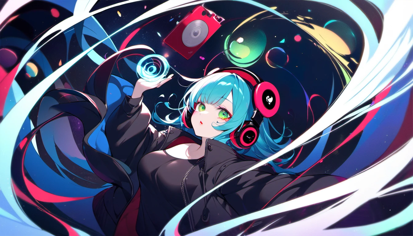 Gothic inspired art, clothes and hair. A young and very ???? and beautiful adult woman with large green eyes, long Blue hair. Impeccably make up with red lipstick, dark eyeshadow accentuating her bright eyes. She's dressed in an open jacket that's slightly oversized, wearing a top covering her ample ?????. Sporting large, colorful headphones, she giving a side look tô the camera. She is floating in another chaotic dimension, with red and Black shapes and lights. She is touching a music CD that is floating in space, with swirling lights and colors around her hand, and a calm and tranquil, almost maternal expression on her face.