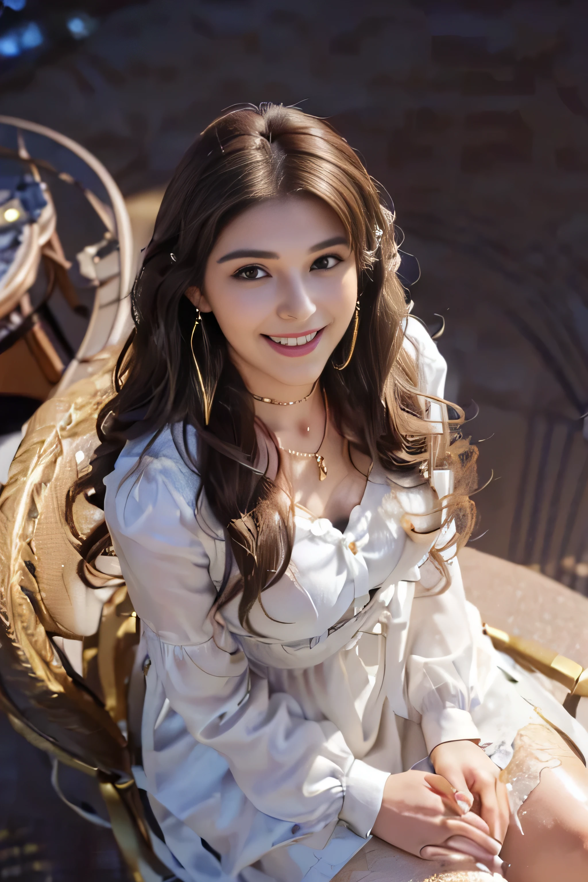 ((beautiful girl:1.3))((wearing a white mini shirt dress with chest bragging pose:1.4) (((smile:1.2)) ((medium chest:1.2)) ((close:1.3)) highest quality,masterpiece,ultra high resolution,(realistic:1.4),Raw photo,(real skin texture:1.3),(film grain:1.3),panorama,character portrait,very wide shot,tight waist,cowboy shot,(in the dark, deep shadow, discreet key, cold light,) night,(()),flowing tears,,dust,Tyndall effect,(Performance),,Beautifully detailed eyes and face,white jabot,brown eyes,((brown hair:1.2)) ((full body:1.3))((gold necklace_Large earrings:1.2)),((Long brown hair:1.2))((Hair with loose waves inside:1.2))((sitting on a chair, night view terrace background:1.3)),((shy smile:1.3)((Directly from above:1.5)),