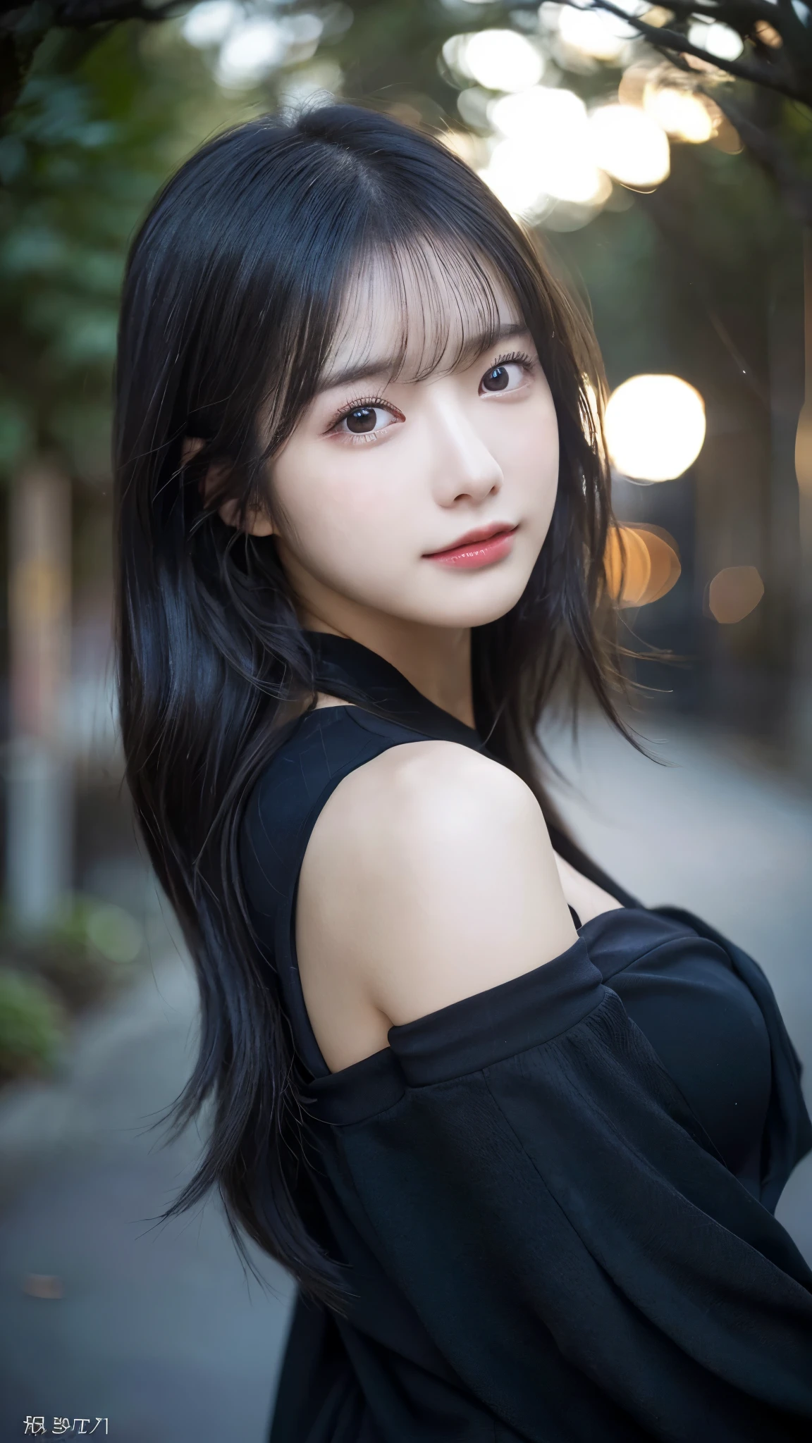 (highest quality,masterpiece:1.3,超A high resolution,),(super detailed,caustics),(Photoreal:1.4,RAW shooting,)ultra-realistic capture,very detailed,High definition 16K for human skin、 Natural skin texture、、Skin looks even-toned and healthy、 Use natural light and color,one woman,Japanese,,cute,black haired,middle hair,(Depth of the bounds written、chromatic aberration、、wide range of lighting、natural shading、)、(outdoor lights at night:1.4)、(hair swaying in the wind:1)、（Reflected light:1.3)