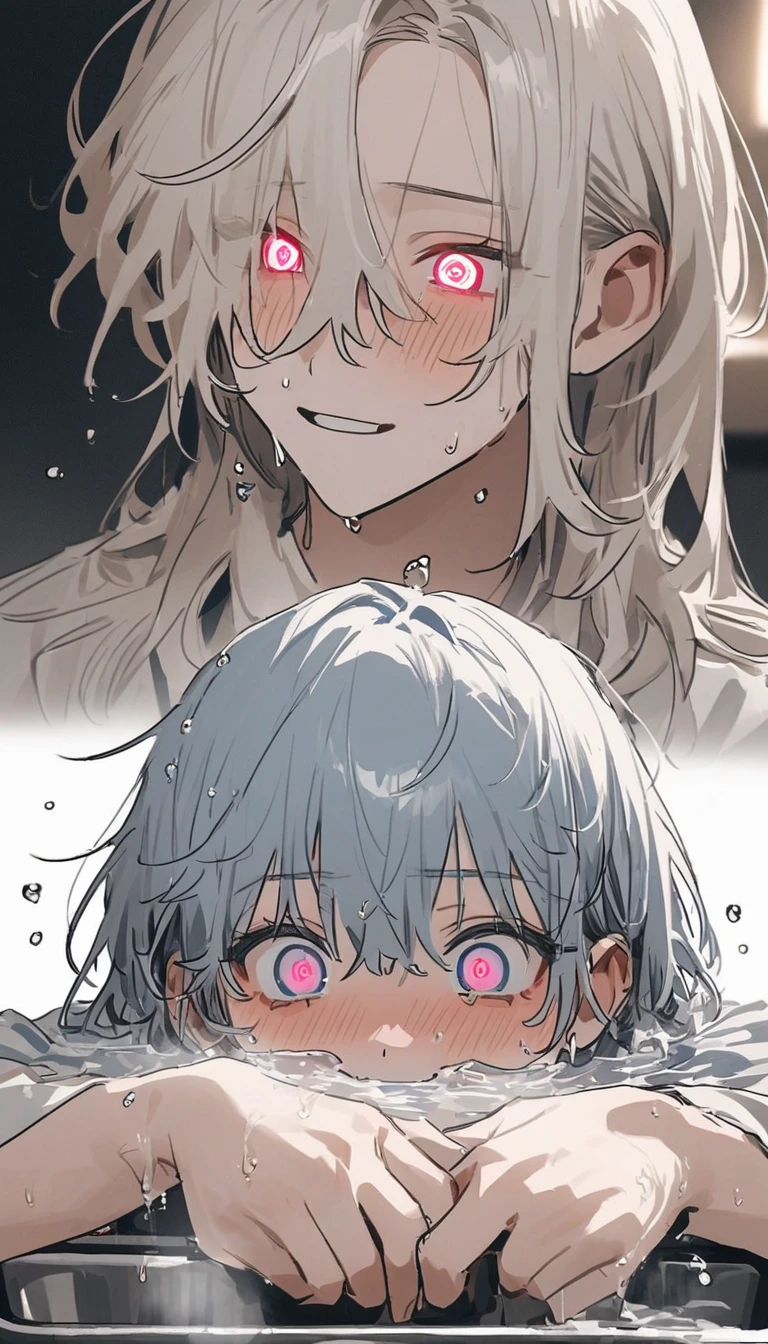 (highest quality、masterpiece、High resolution、detailed), BREAK,(Shining eyes、detailed美しい顔)、beautiful anime、The young man is supporting his hands on the sink、I was stunned when I saw myself in the mirror.., He washed his face repeatedly with cold water., I could clearly feel the cold water droplets sliding down my face.., lastly, Accepted reality.