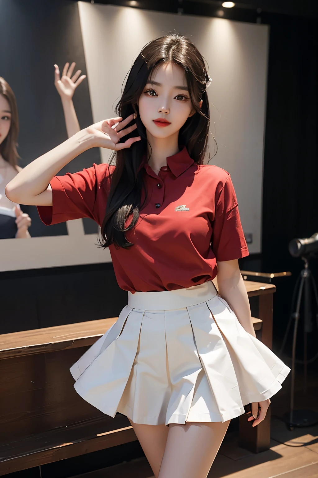 Korean beauty wearing short skirt and red shirt, red lips,mature woman,assembly, Liuyifei, (best quality, masterpiece:1.2), very detailed, (realistic:1.37), beautiful, young, glamorous model (detailed eyes, detailed lips, extremely detailed eyes), sing in front of a microphone, cute and casual outfit, showing a bright smile, slim body, long legs, Creates a breathtaking depiction of a girl singing and dancing, random pose, perfect hands,
