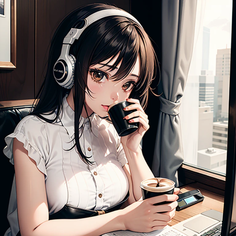 A stylish woman sits in a chic café, listening to music with headphones while working on her laptop. She is high-quality and focused, maintaining a professional yet casual demeanor, with a cup of coffee placed beside her.