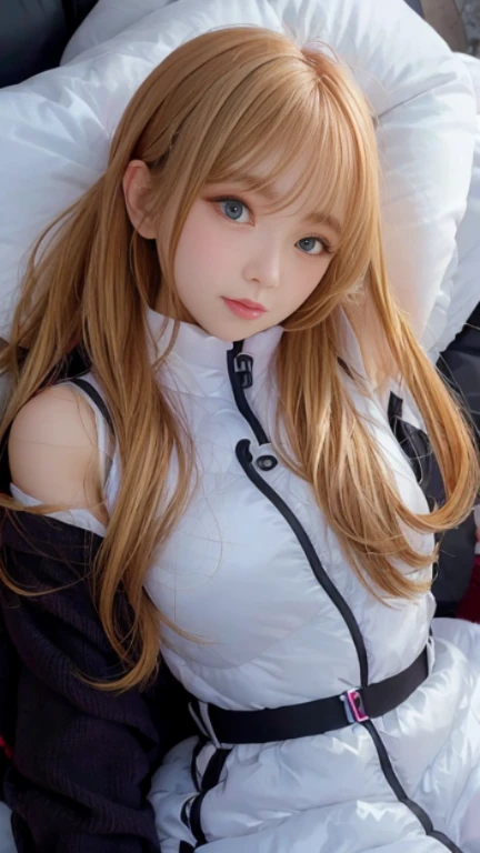 bright look、photorealism、full body painting、highest quality、超A high resolution、picture、北欧生まれの非常にbeautiful少女の写真、extraordinary beautiful girl、可愛くてbeautiful顔の詳細、(Pueros face_V1:0.008)、beautiful bangs、alice in wonderland、16 years old、Radiant, fair, glowing skin、facial hair、Bangs that extend to the face、bangs between eyes、super long hair、Glamorous bright natural platinum blonde super long straight silky hair、high resolution eyes、beautiful, Bright and clear, Big light blue eyes shine charmingly、(white astrovest):10、eyeliner、double eyelid、rich bust、Going to bed、lie on your back、sprawl、sleep on your side、lying on one&#39;s back