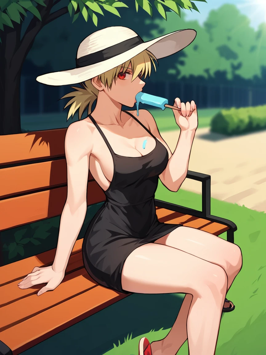 score_9, score_8_up, outdoors, park, sitting on bench, eating popsicle, flip flops
BREAK
1girl, hellsing, seras, blonde hair, red eyes, summer dress, black dress, red sun hat, wide-brimmed hat, looking at viewer