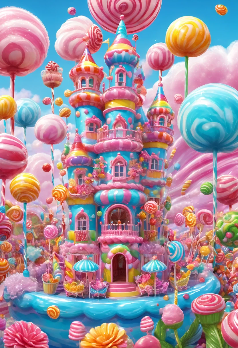 1girl, Candyland, aesthetic, (best quality, highres), ultra-detailed, (realistic:1.37), vibrant colors, candy-themed, dreamlike, enchanting, whimsical, sunlit, joyful, playful, sugary attire, magical, enticing aroma, candy castle, candy river, cotton candy clouds, lollipops, candy cane columns, sugar sculptures, gumdrop boats, candy fish, vibrant flowers, cheerful musicians